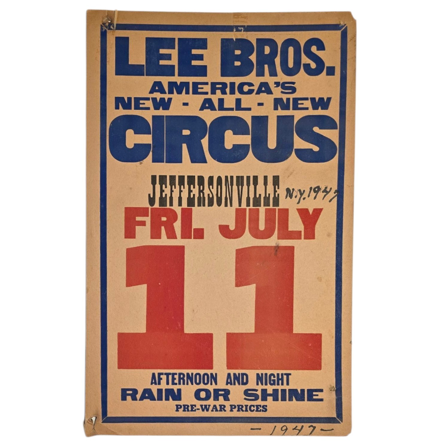 Vintage 1940s Lee Bros Circus Poster Jeffersonville NY 14" X 22" New York 1947