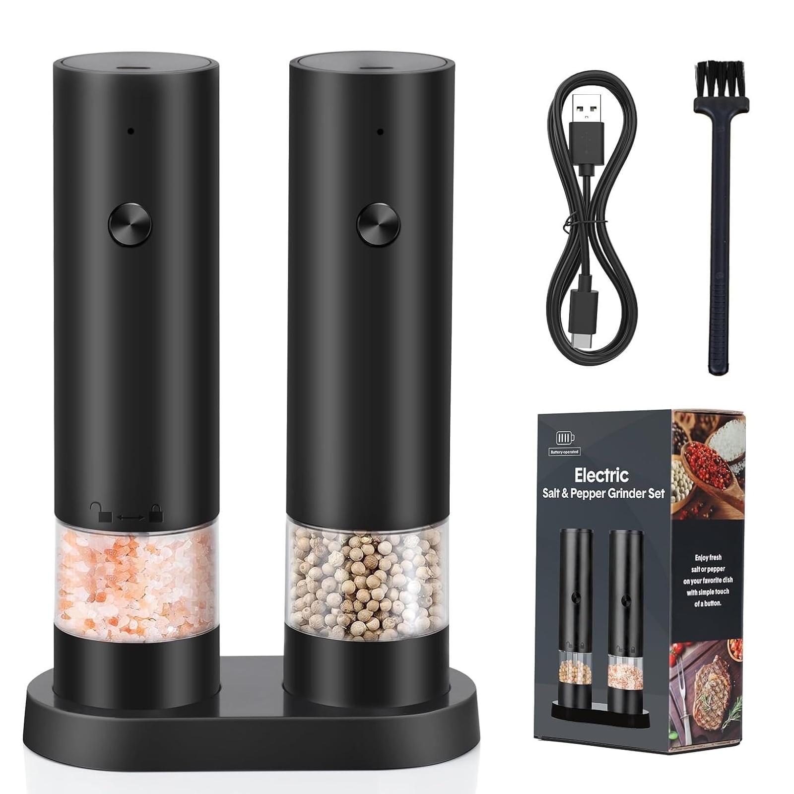 2PCS Electric Salt and Pepper Grinder Set Automatic Grinder w/ Rechargeable Base