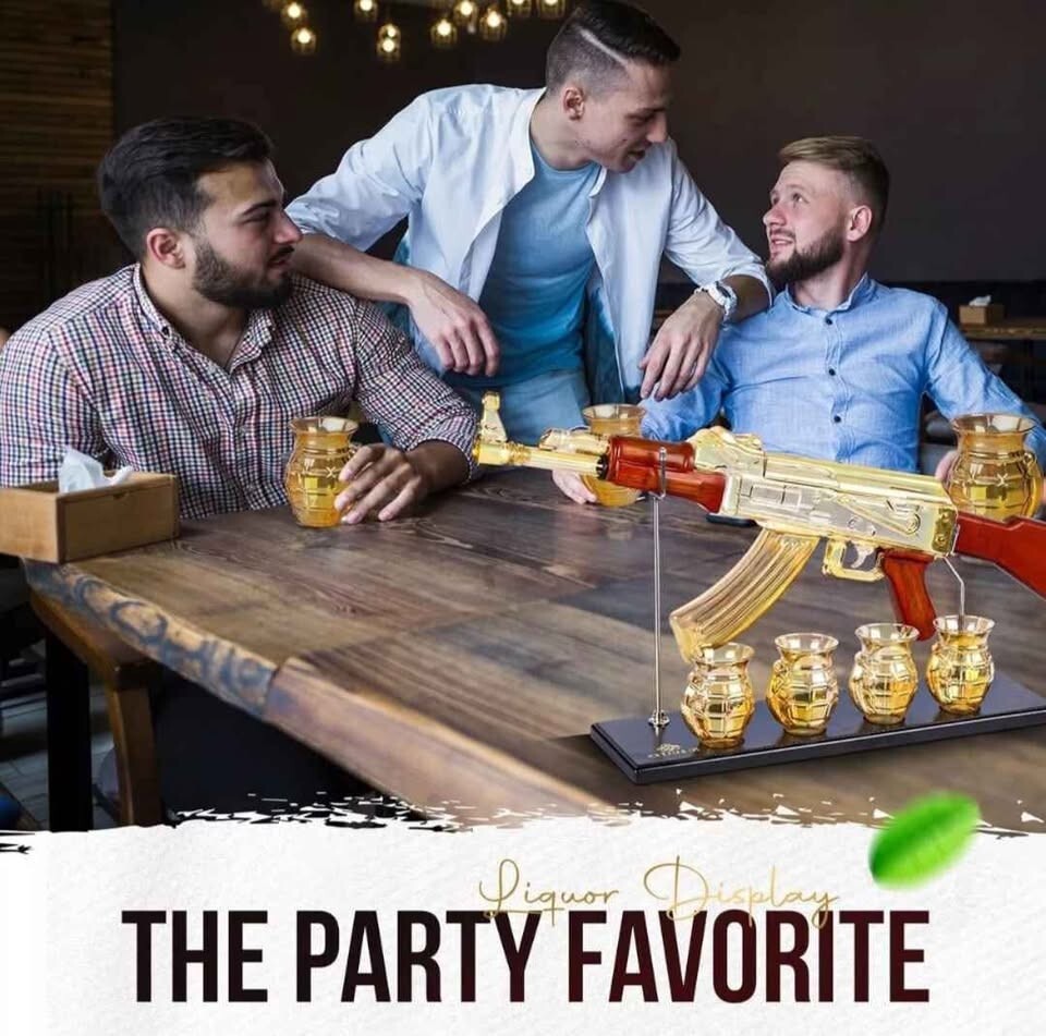 Luxury Gold AK47 Glass Gun Decanter with Grenade Glasses & Reusable Ice Cubes