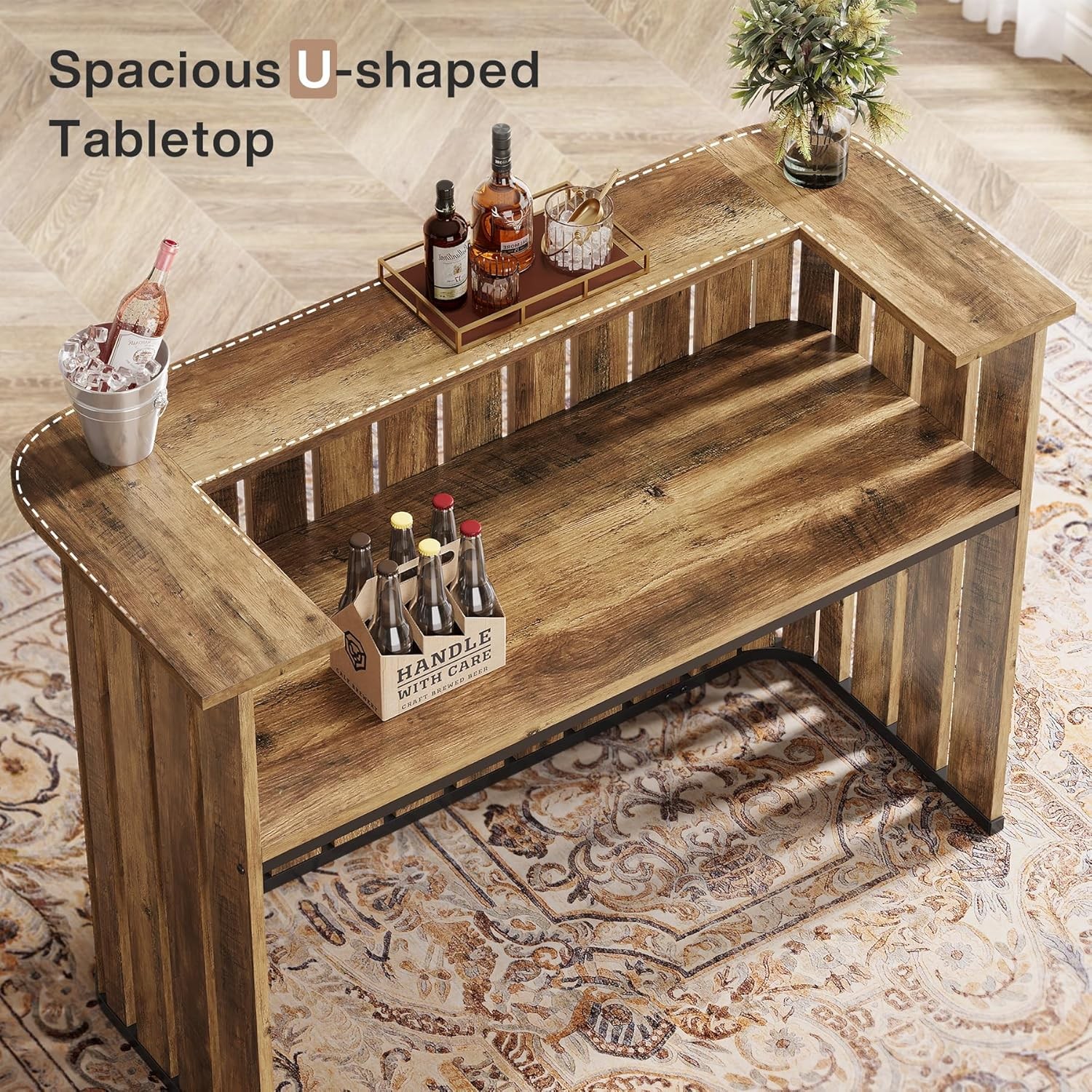 63'' Home Bar Unit, Farmhouse Liquor Bar Table with Storage Shelves, Bar Cabinet