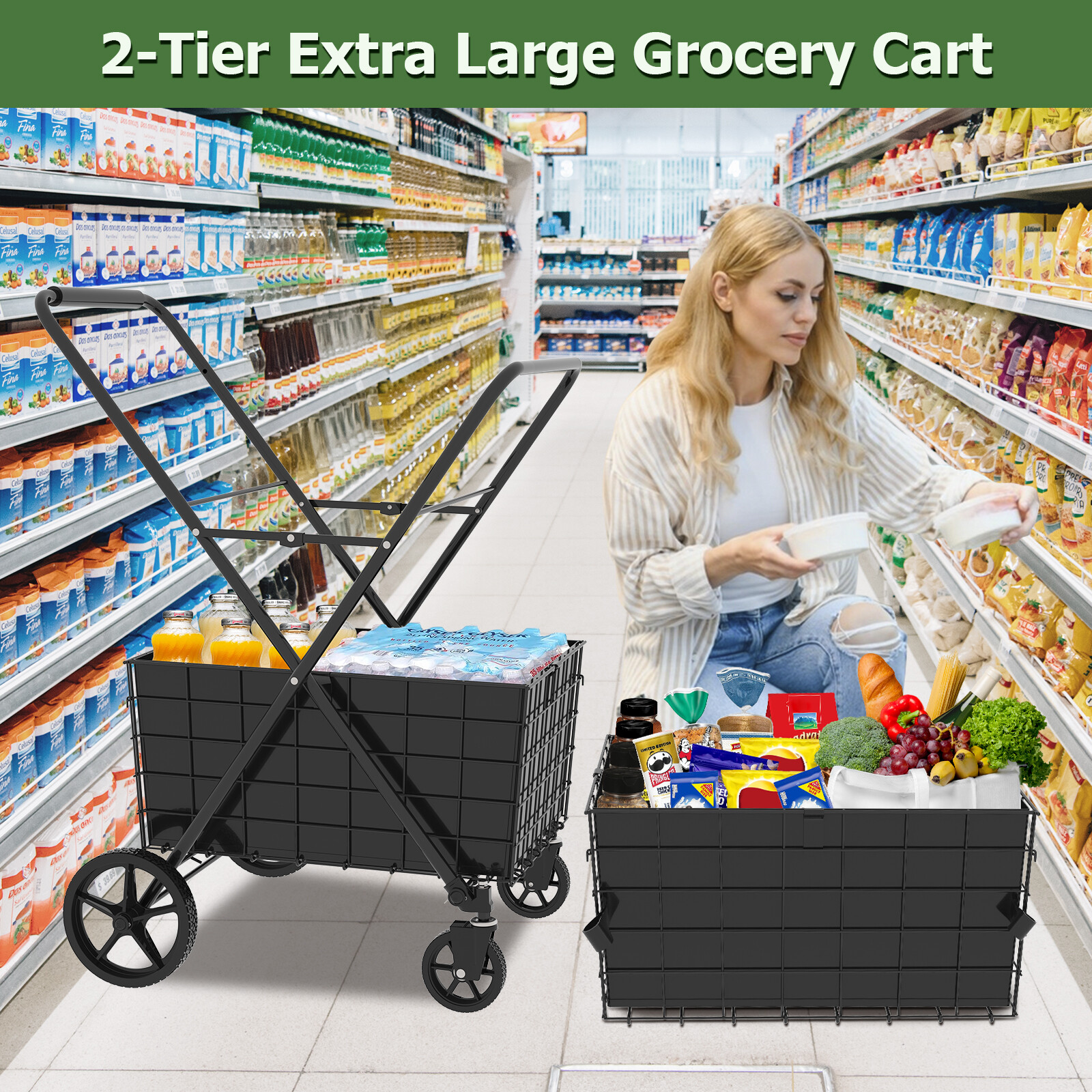 2-Tier Shopping Cart Foldable Grocery Cart Wheels Removable Storage Basket