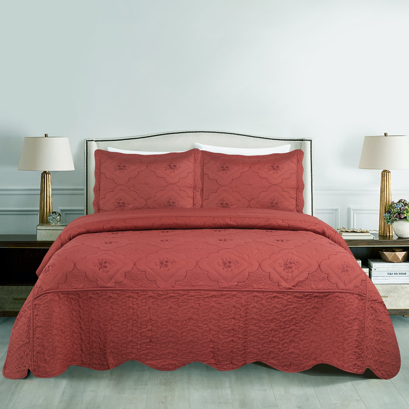 3 Piece Floral Embroidered Quilted Bedspread-Beautiful Stitching