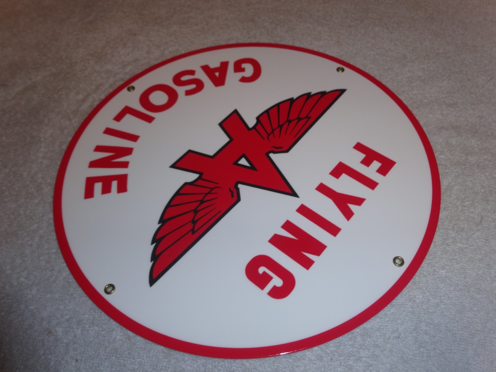 VINTAGE FLYING A GASOLINE WHITE 11 3/4" PORCELAIN METAL SERVICE STATION OIL SIGN