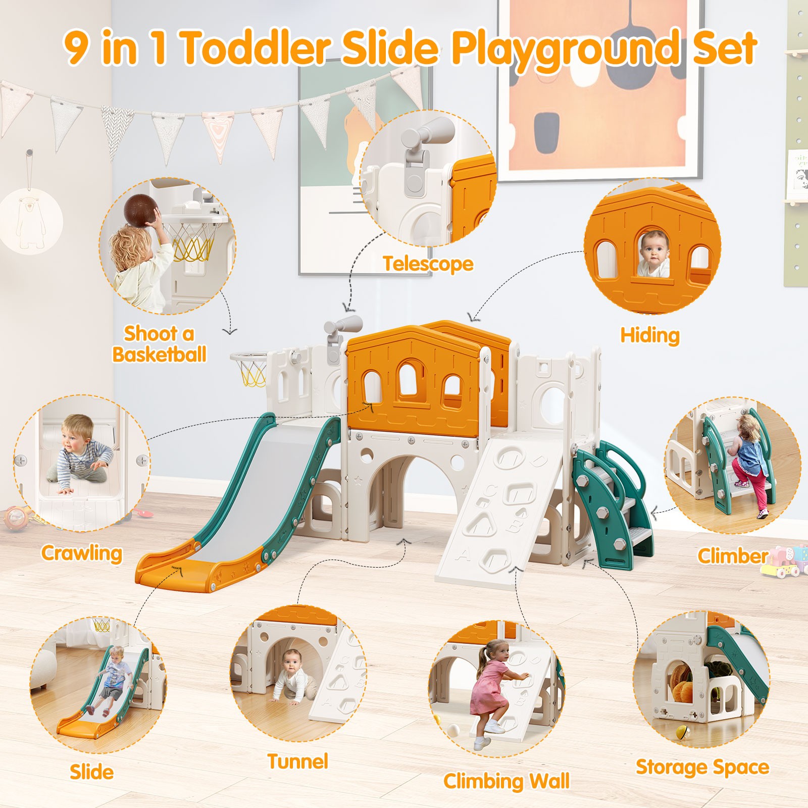 9 in 1 Toddler Slide Set with Rock Wall, Slide for Kids 1-3, Indoor & Outdoor