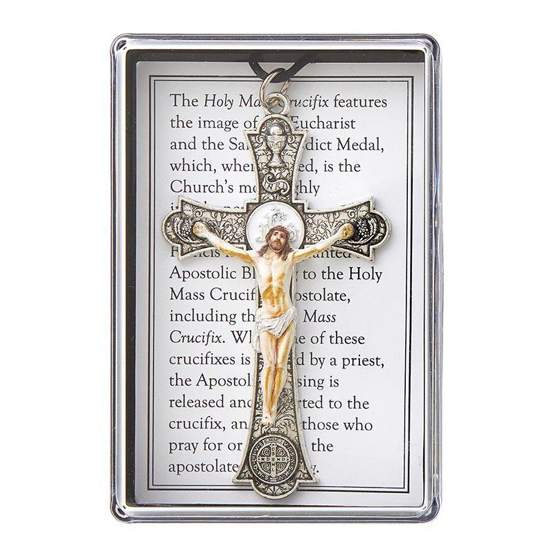 Holy Mass Pendant Crucifix Silver with Cord Features the Saint Benedict Medal