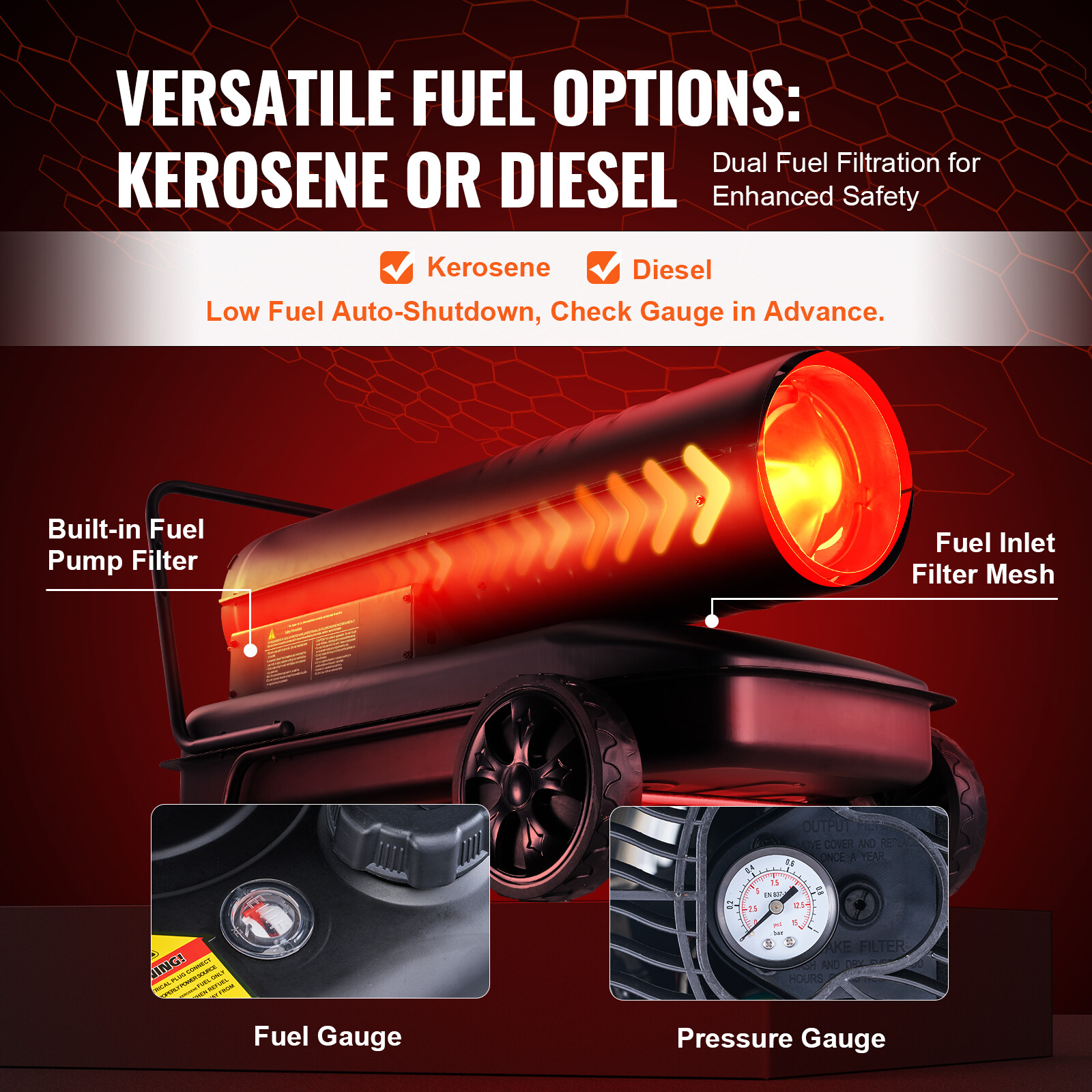 VEVOR Portable Kerosene Forced Air Heater 215000 BTU Indoor Outdoor 13.2gal Tank