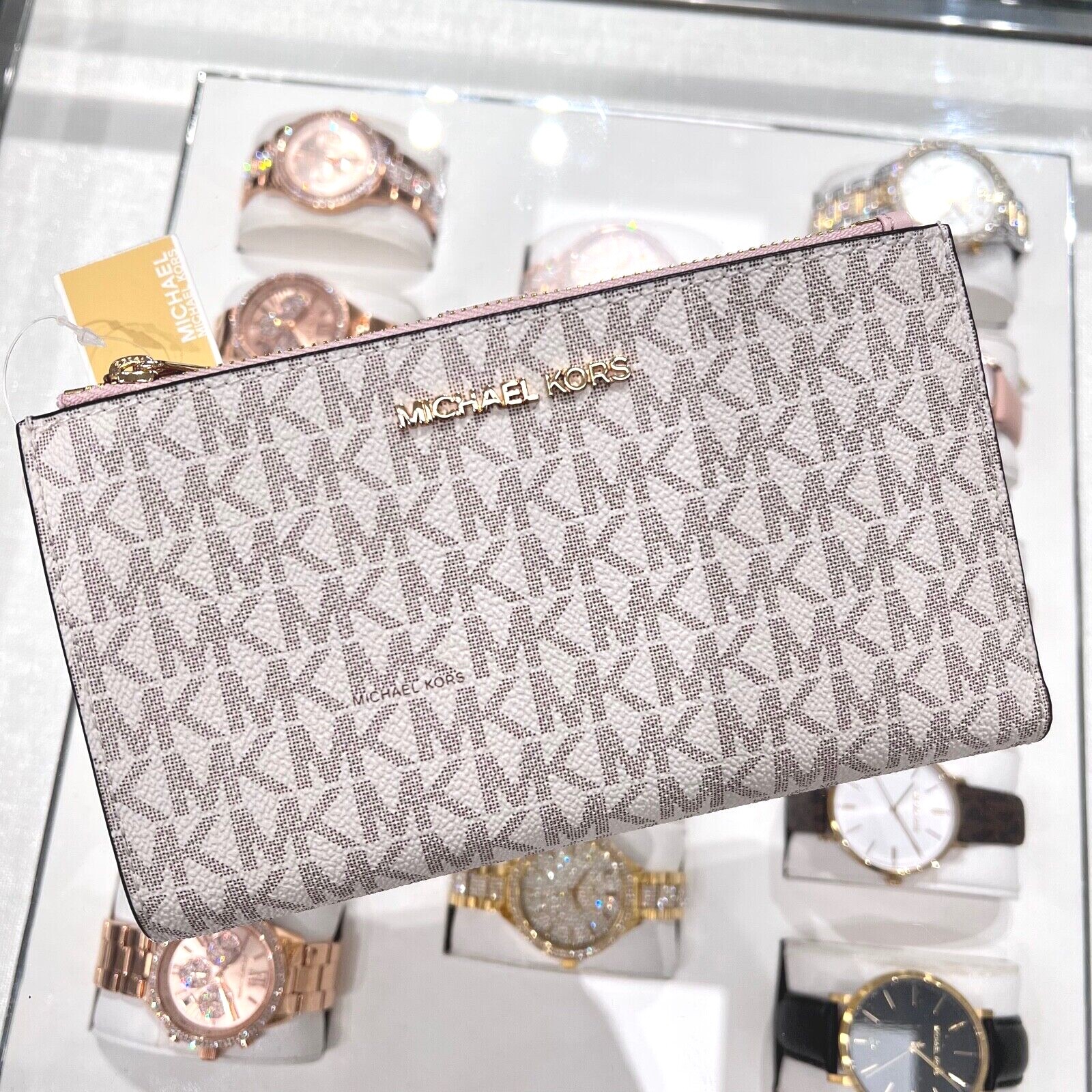 Michael Kors Jet Set Travel Double Zip Wristlet Wallet Vanilla Pink Powder Blush