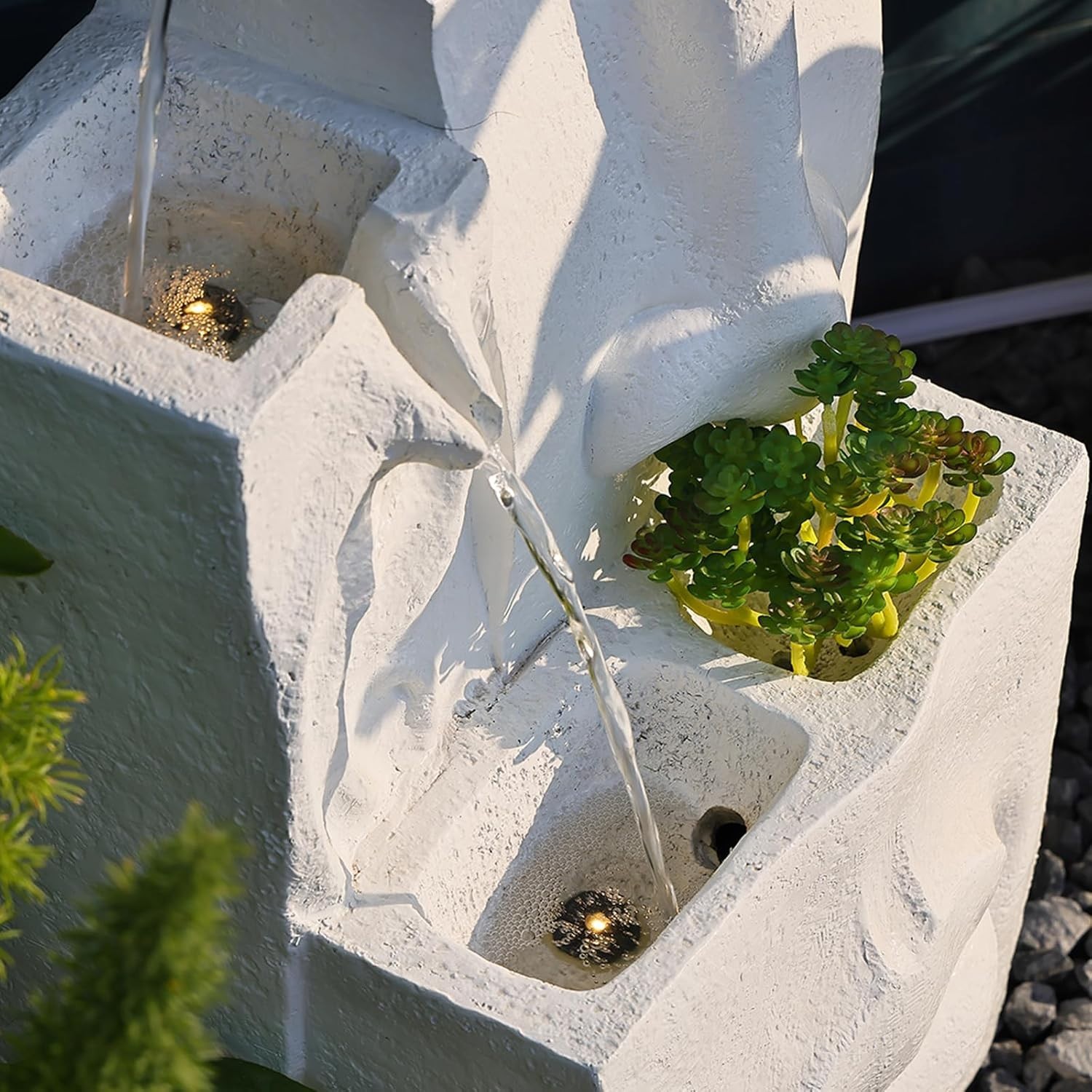 Modern 4 Tire Water Fountain Lighted Contemporary Garden Waterfall Art Sculpture