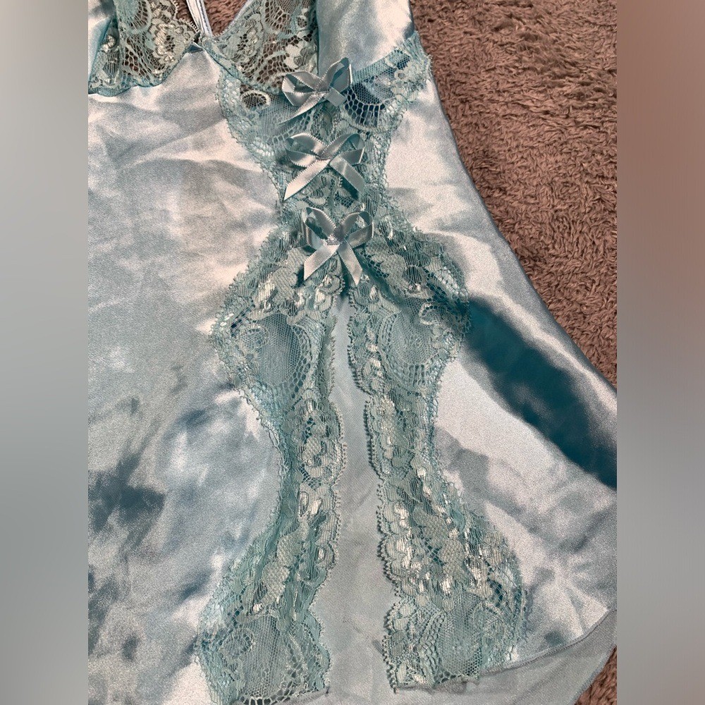 Frederick's of Hollywood Light Blue Satin Nightgown lace XS