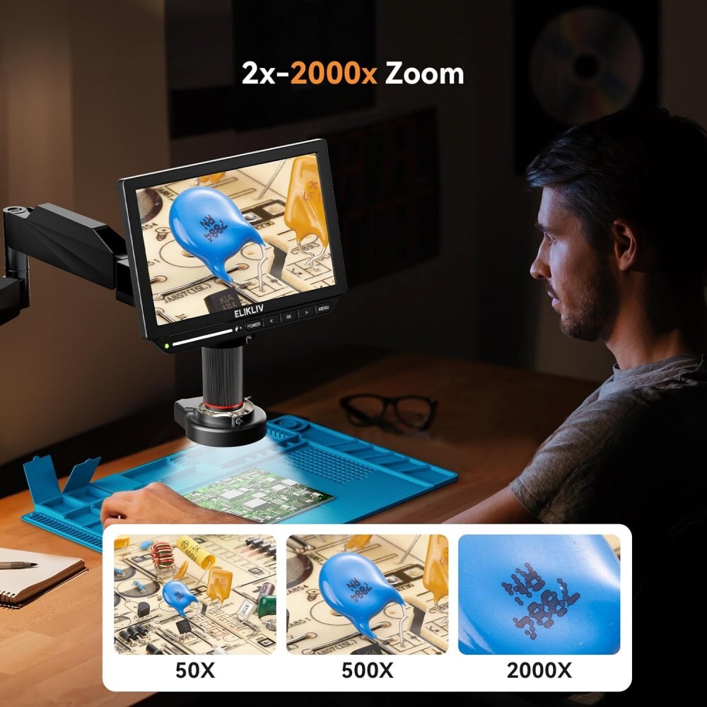 Elikliv 4K Soldering Digital Microscope 52MP 10.1" HDMI with 360° Flex Arm Stand
