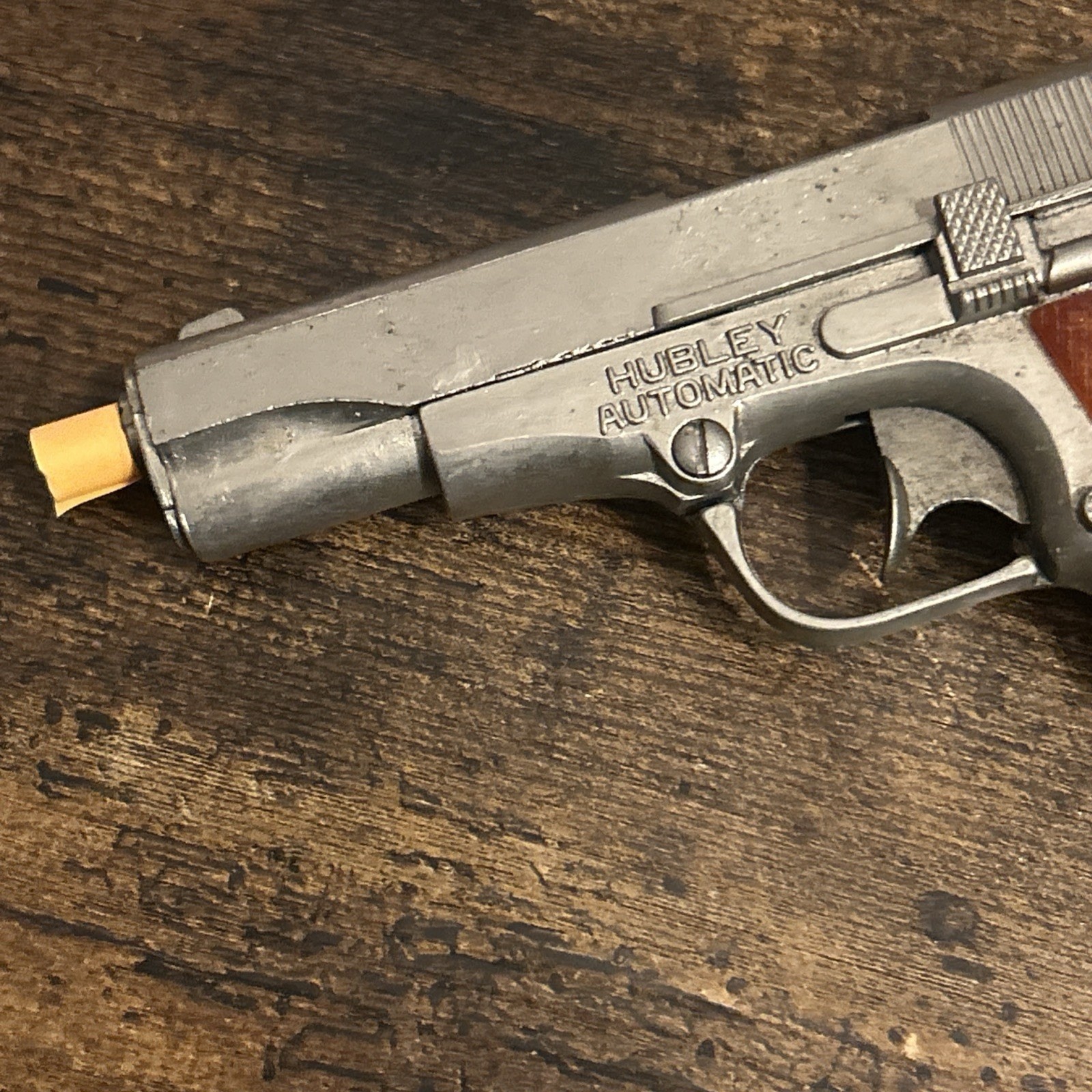 Vintage 1950s Hubley Automatic Colt 1911 6.50" Toy Cap Gun Pistol Fixed Orange