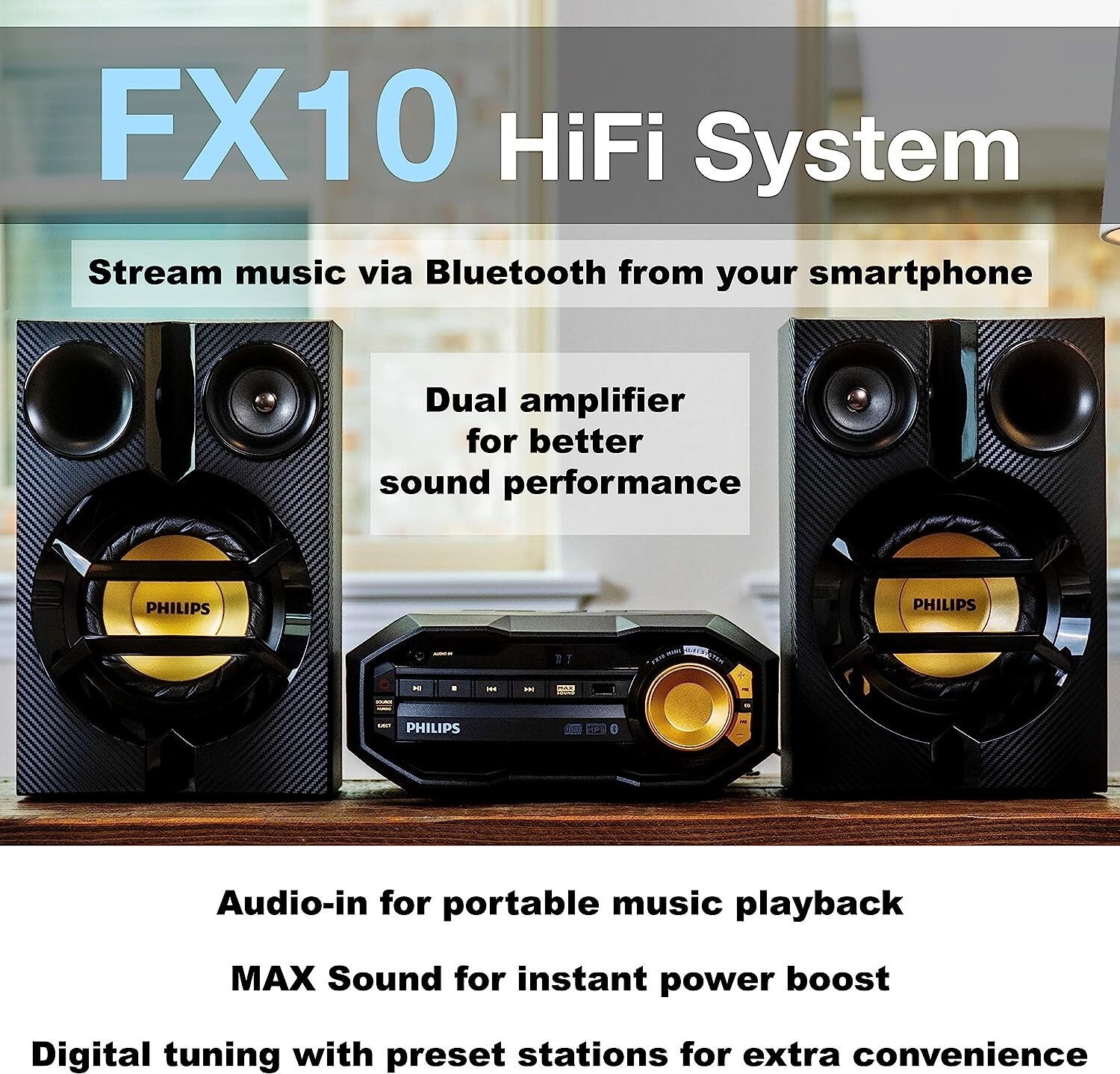 Philips FX10 Bluetooth Stereo System For Home With CD Player. MP3, USB, FM Radio