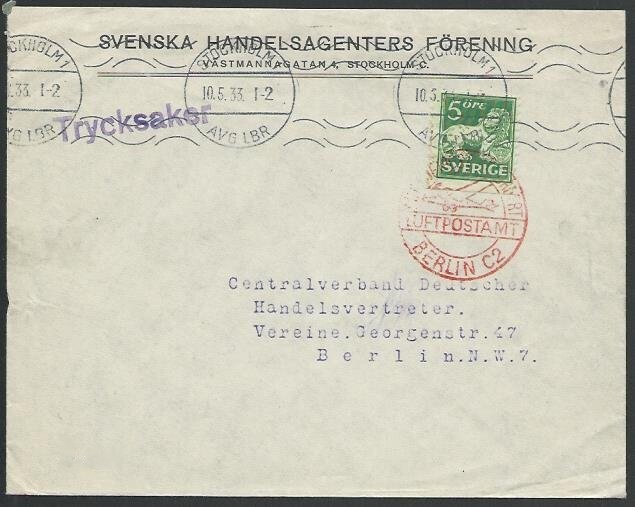 SWEDEN 1933 5ore on cover to Germany - Berlin airmail arrival in red.......10580