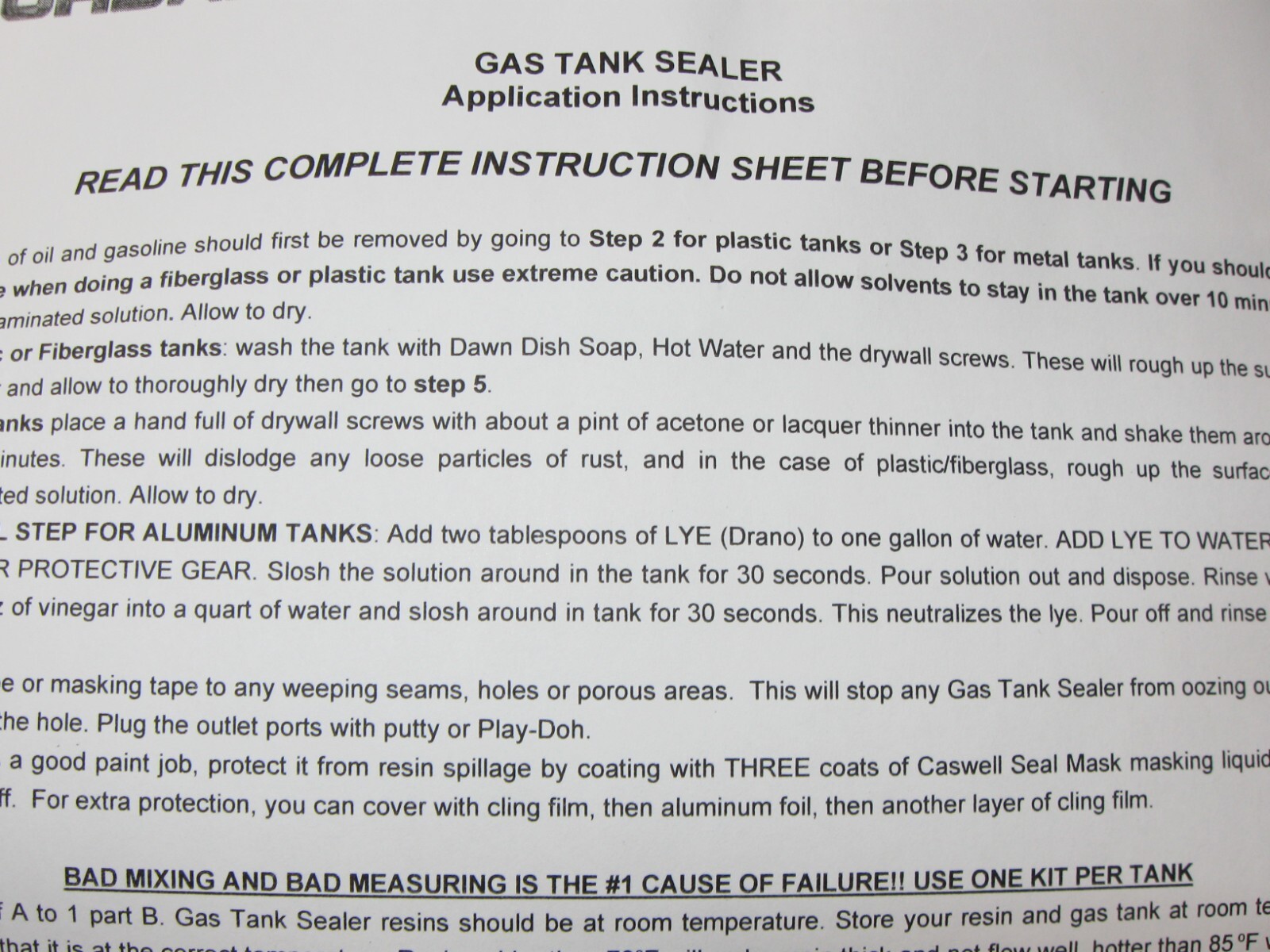 CASWELL GAS TANK SEALER LINER KIT CLEAR EPOXY MOTORCYCLE TO 10 GALLON jh