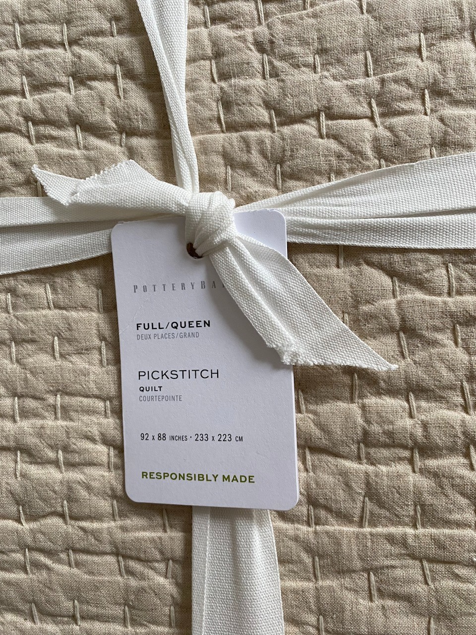 Pottery Barn FLAX Pick Stitch Handcrafted Cotton Linen Quilt Full / Queen Sz NEW