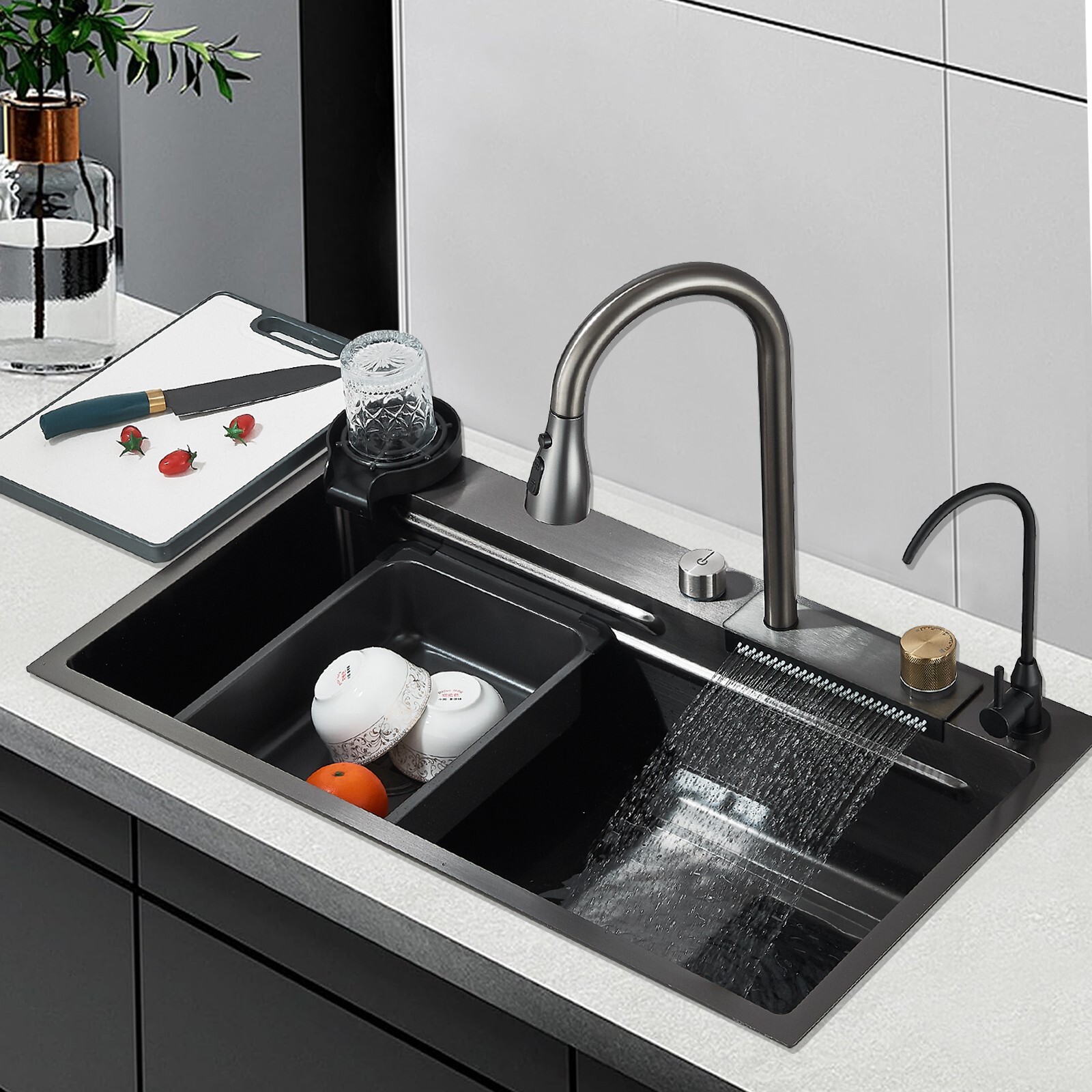 31.5" Flying Rain Stainless Steel Waterfall Kitchen Sink with Faucet Single Bowl