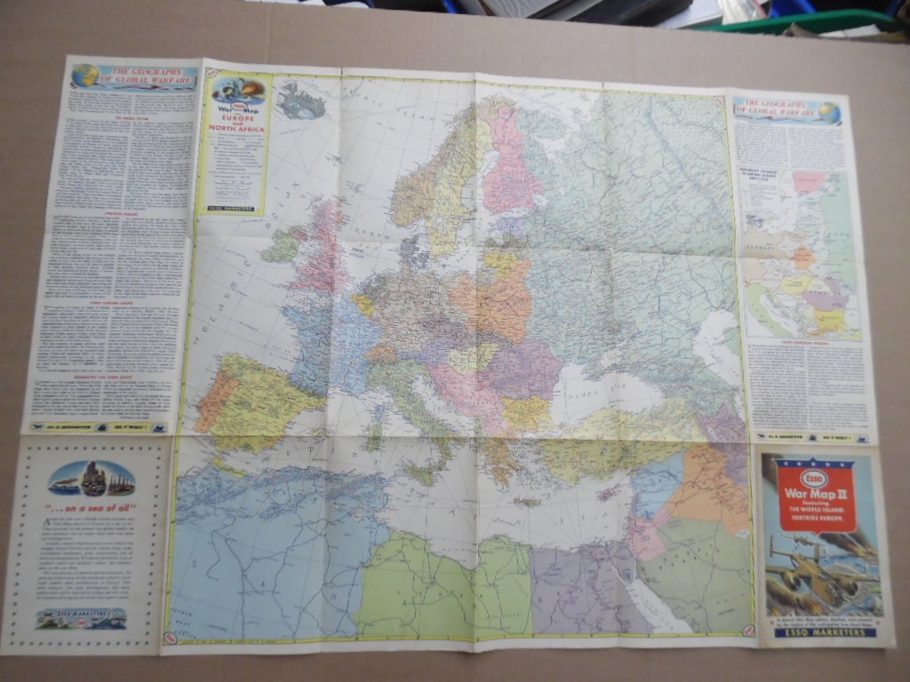 WWII ESSO WAR MAP II Featuring World Island Fortress Europe Vintage Original