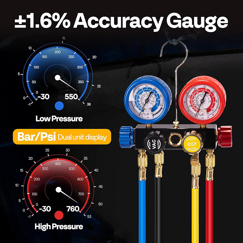 1/3 HP 4.5 CFM 1-Stage HVAC Vacuum Pump & 4 Way AC Manifold Gauge Set for R134a