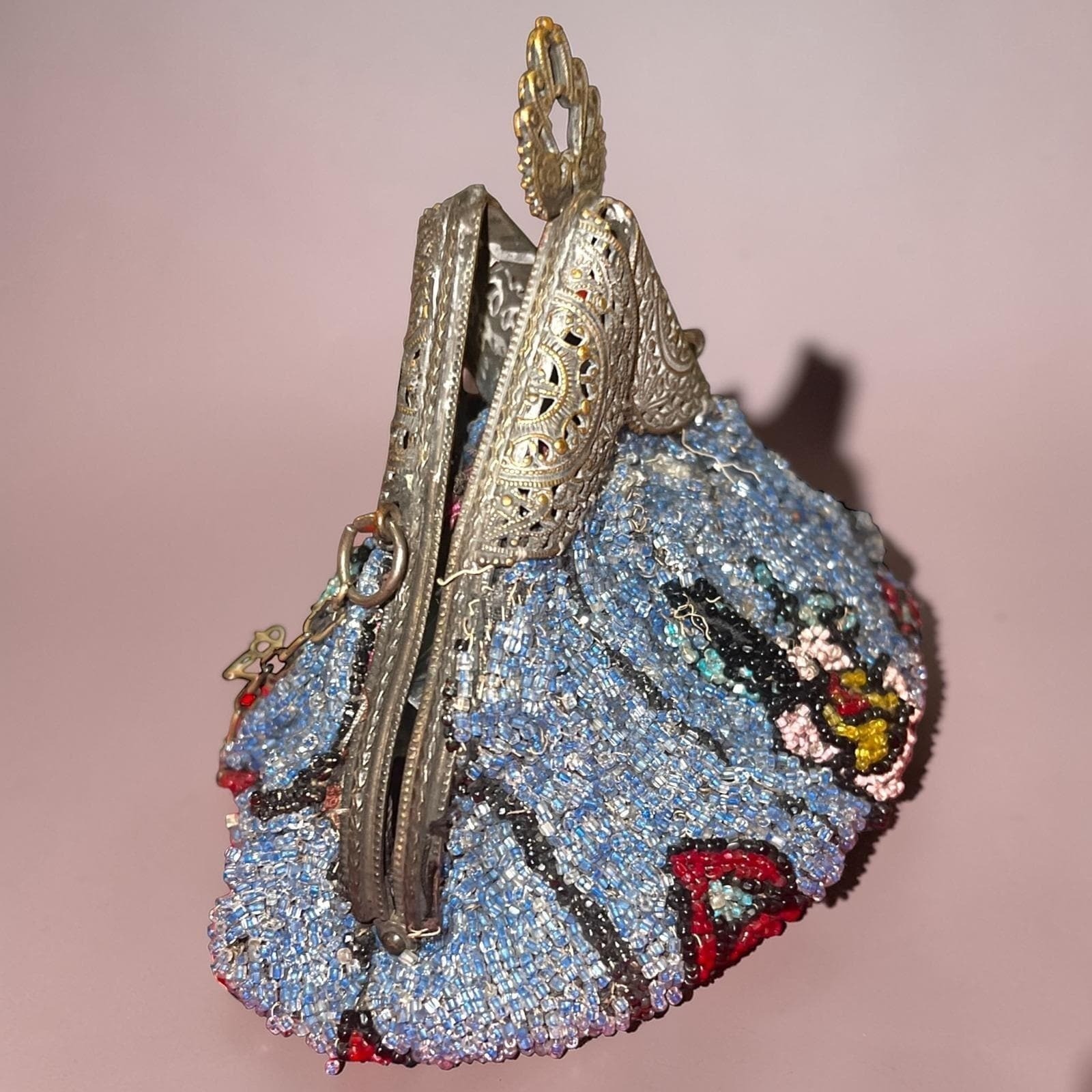 Antique 1920s Art Deco Micro Beaded Flapper Purse Floral Czech Glass Evening Bag