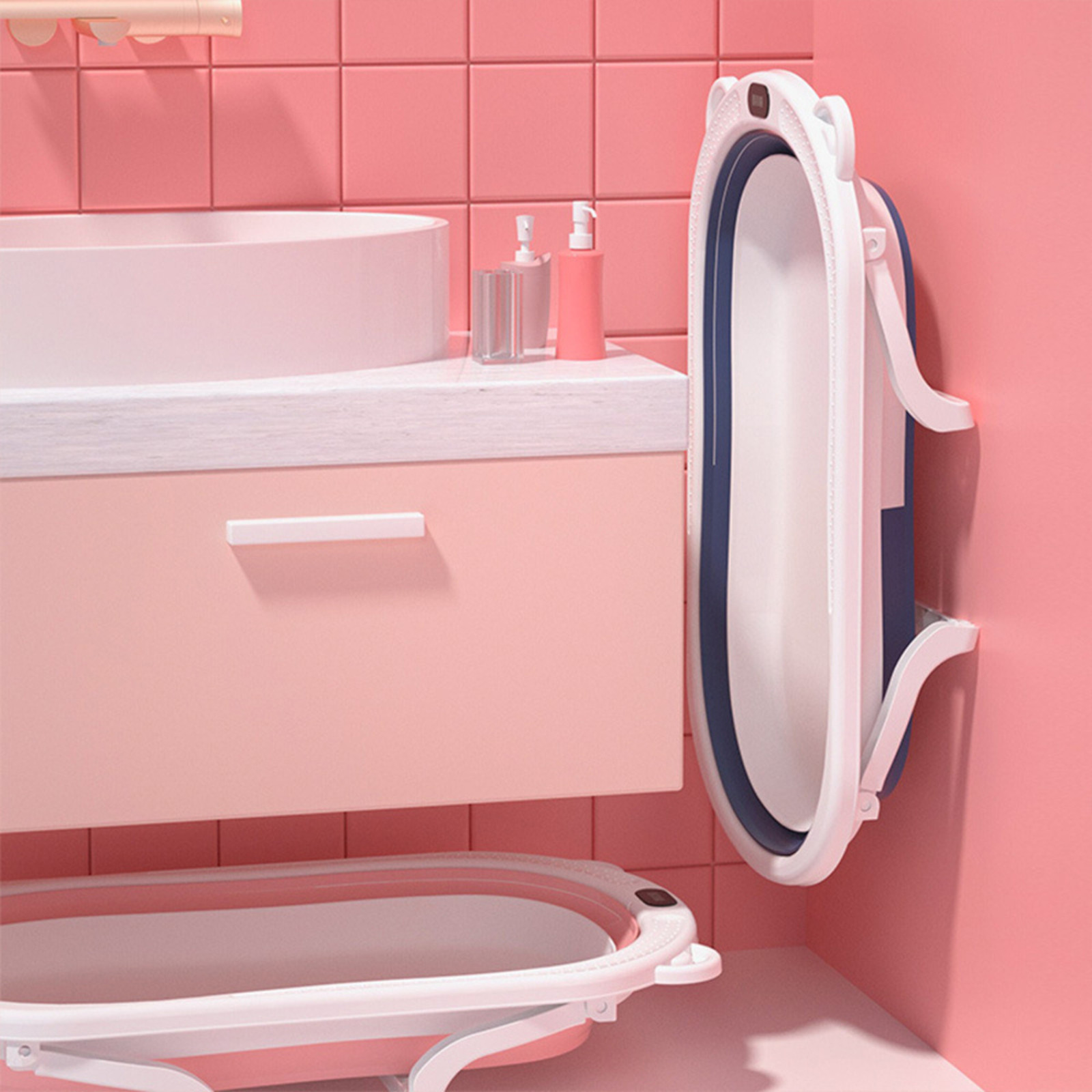 Collapsible Baby Bathtub with Real-Time Thermometer, Foldable Infant to Toddler