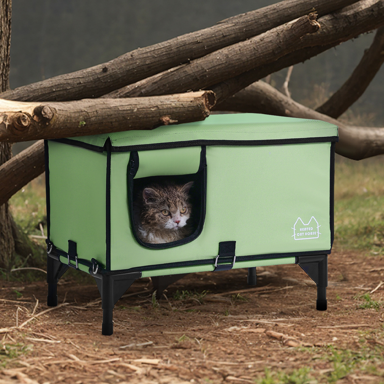 Elevated Heated Cat House Cuboid Kitty Shelter with Heated Pad Green (L)