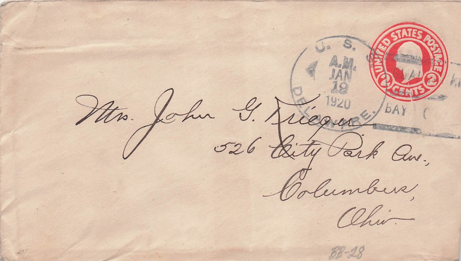 USS Delaware 1920 Naval Cover 2c Red Stationery to Columbus Ohio CV04
