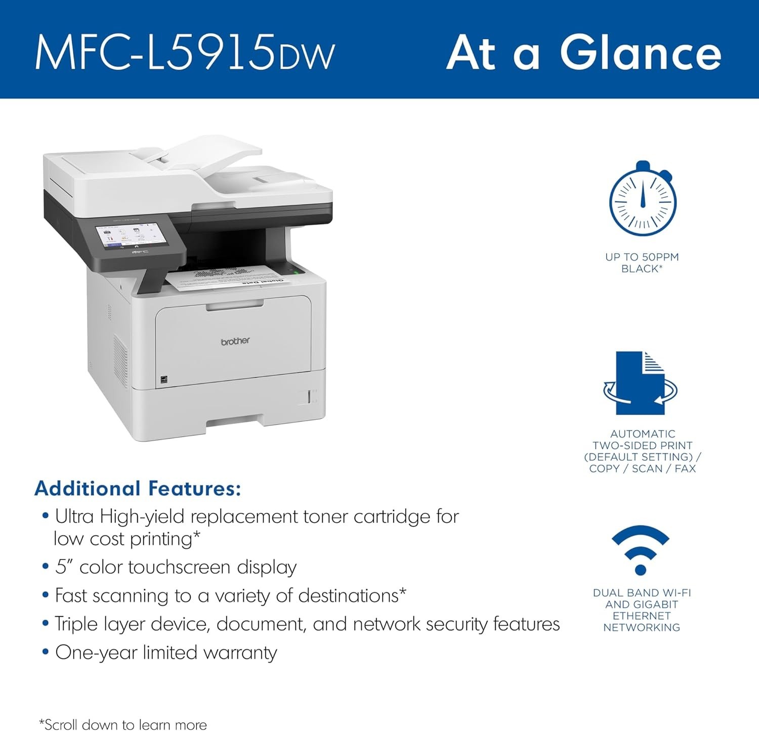 Brother MFCL5915DW Business Monochrome Laser All-in-One Printer, Low-cost Print