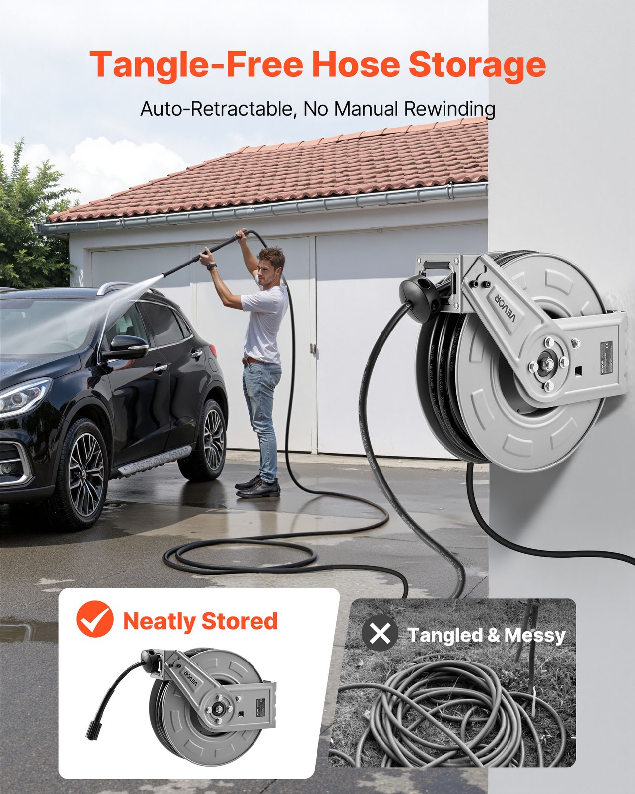 VEVOR Pressure Washer Hose Reel 65ft x 1/4in Retractable 3200PSI Auto-Rewinding