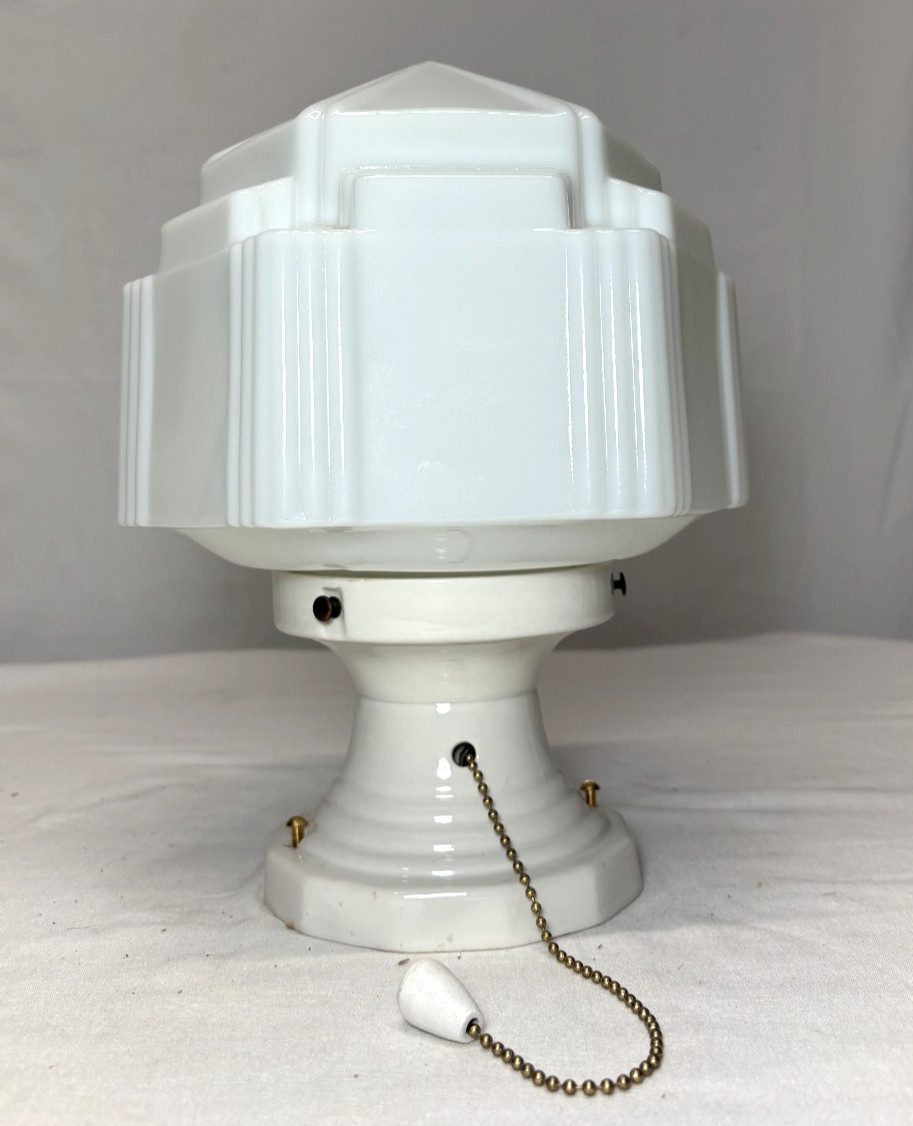 Skyscraper Shade Porcelain Ceiling Light Fixture Vtg Art Deco Glass USA #L44