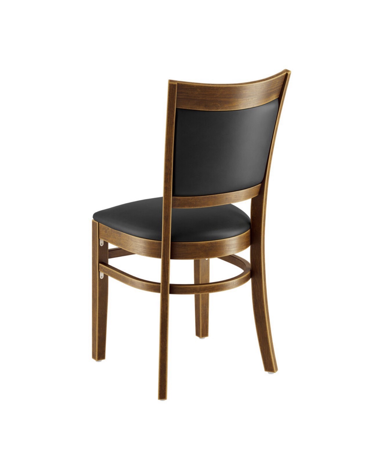 Solid Back Vintage Wood Restaurant Chair with Black Vinyl Seat & Backrest