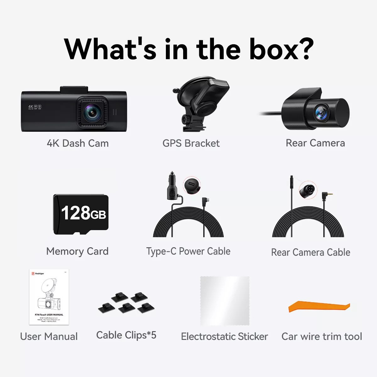 REDTIGER FTNT 128GB Card Voice Control 4K Dash Cam Front and Rear, Touch Screen