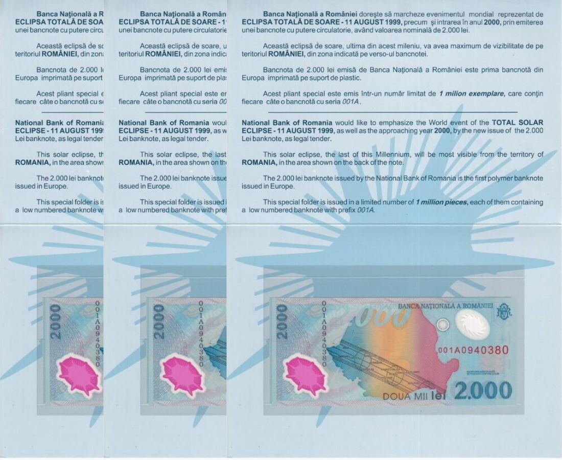 Romania 2000 Lei 1999 P 111 001A Polymer UNC With Folder LOT 3 PCS