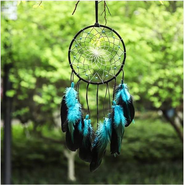 Handmade Boho Blue Dream Catcher - 20 Inch Feather Wall Hanging Decoration