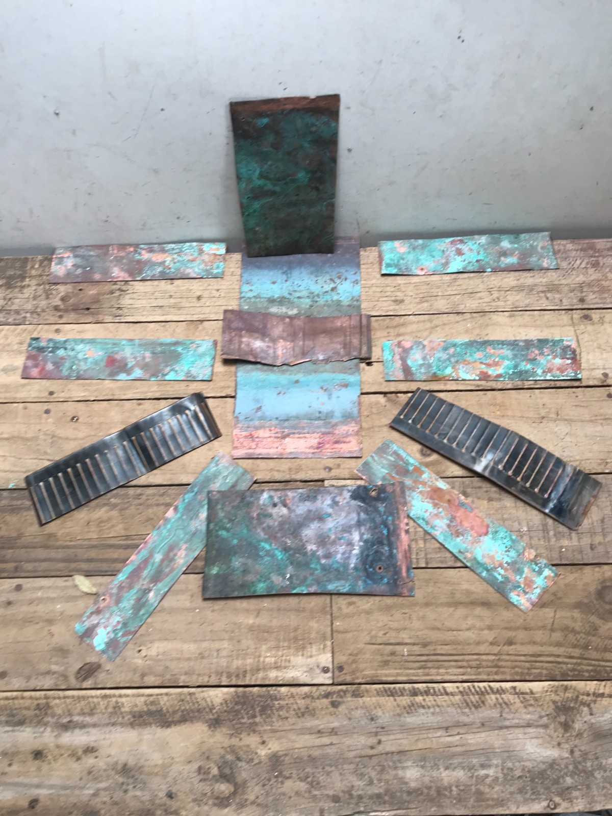 Lot 12 Sheet Copper Pieces Coppersmith scrap Natural Patina Colors Verdigris
