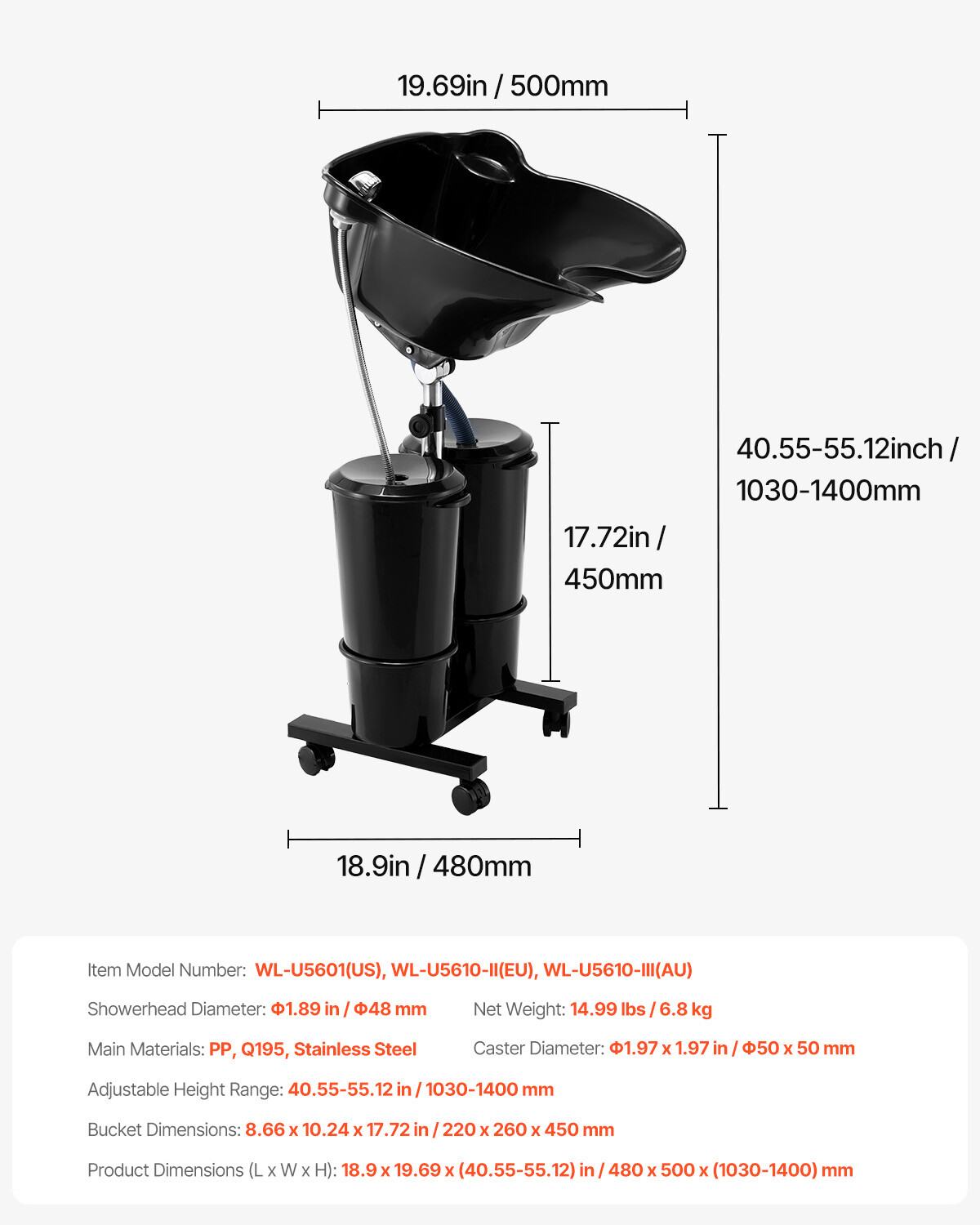 Portable Shampoo Bowl with Drain Hose 2 Buckets Adjustable Height Salon Sink