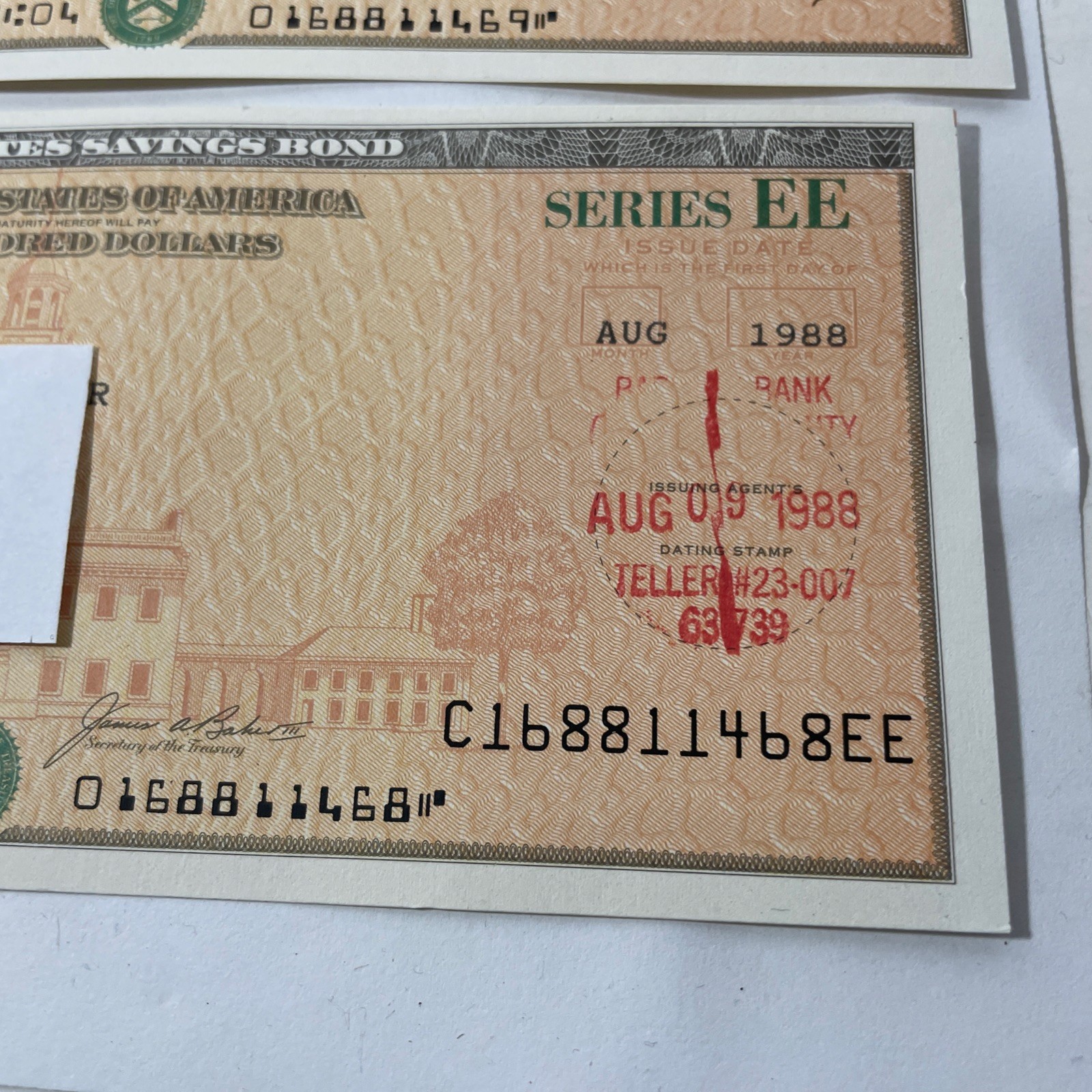 US 1988 Savings Bond Series EE $100 Dollar Jefferson Unsigned Lot 3 Consecutive