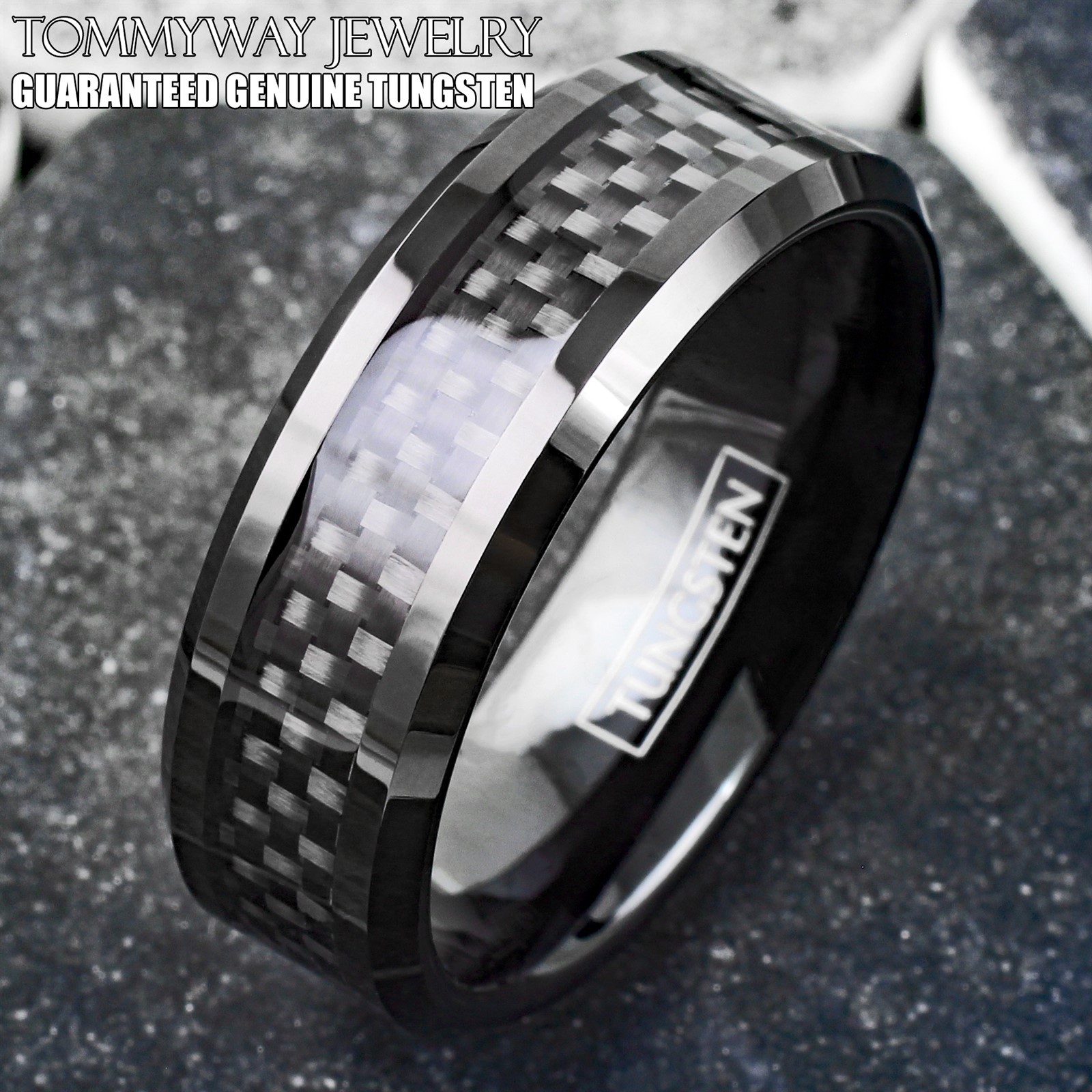 8mm Black Tungsten Carbide Ring Black Carbon Fiber Wedding Band Mens Jewelry