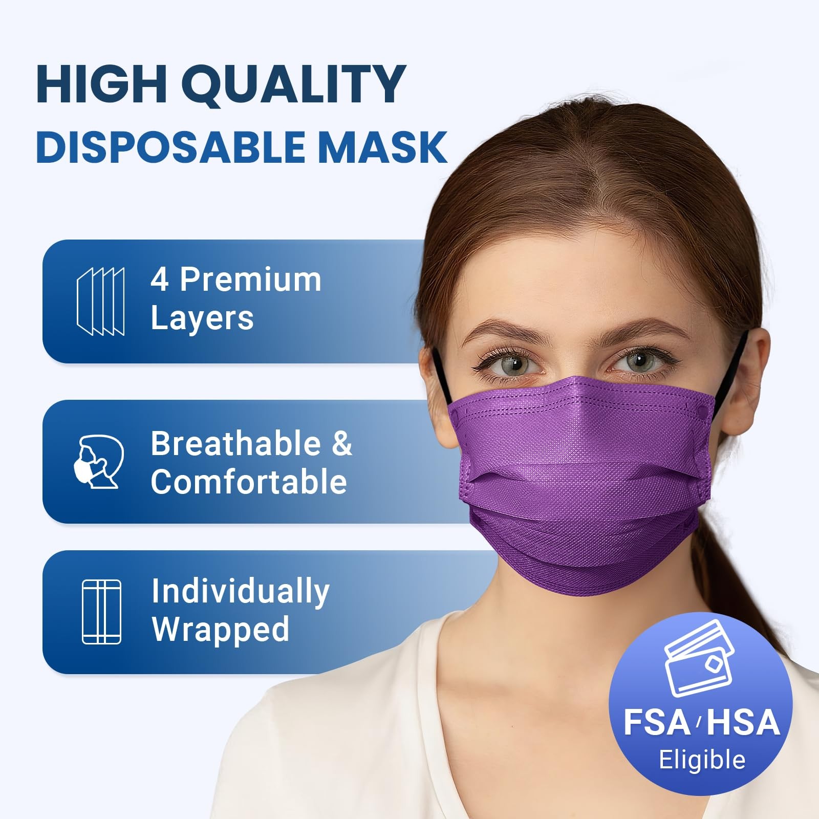 Disposable Face Mask for Adults - 4 Ply Protection, Individually Wrapped 50