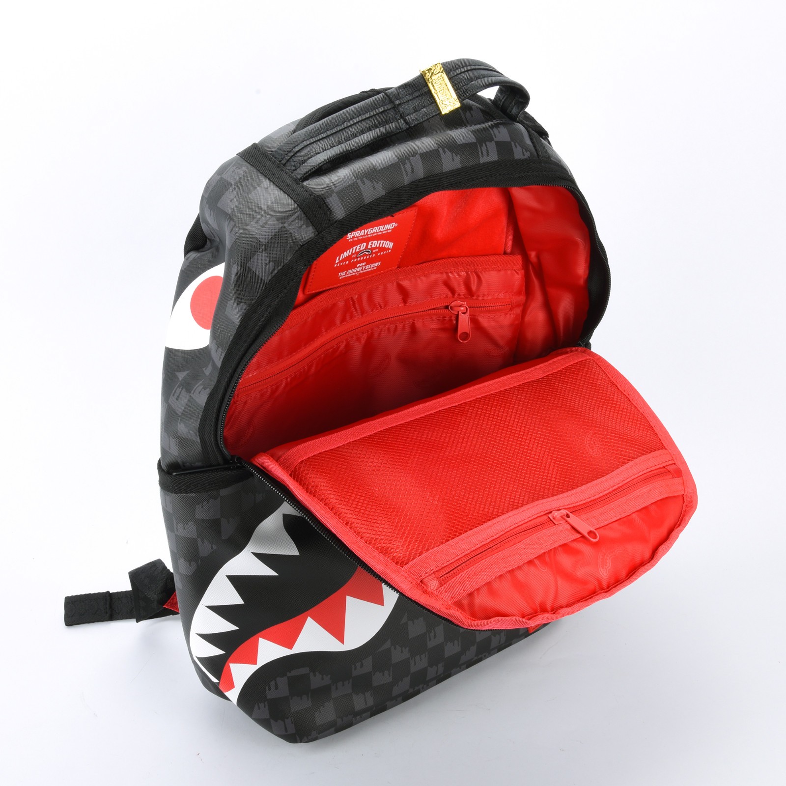 Sprayground Shark Drip Checkerboard Leather Bag Backpack Unisex Black Gray Plaid