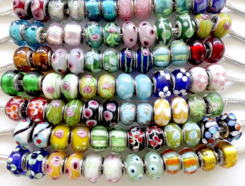 50 Lampwork Big Hole Round Beads European Charm Bracelets Assorted Designs