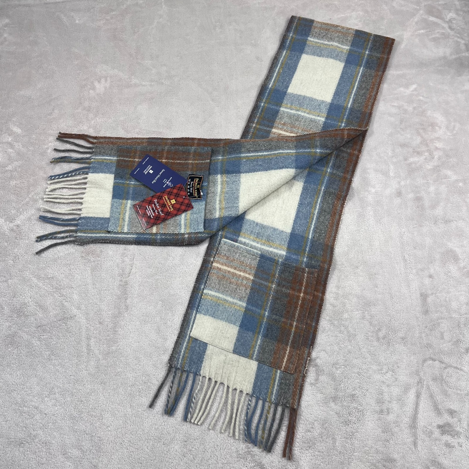 Patrick King Pocket Scarf One Size Stewart Muted Blue Tartan Merino Wool NEW