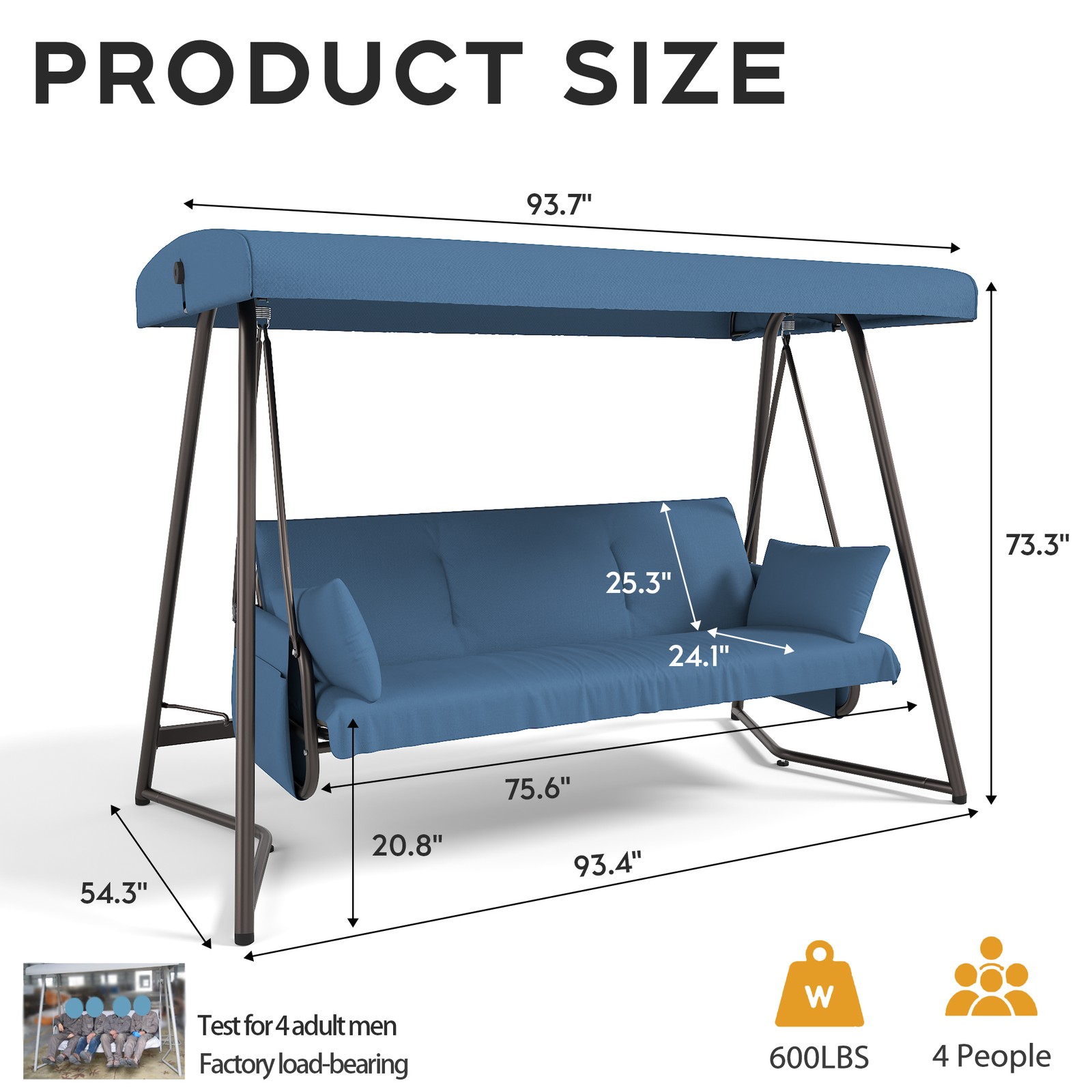 3-Seat Outdoor Patio Swing Bed with Adjustable Canopy Steel Frame Blue