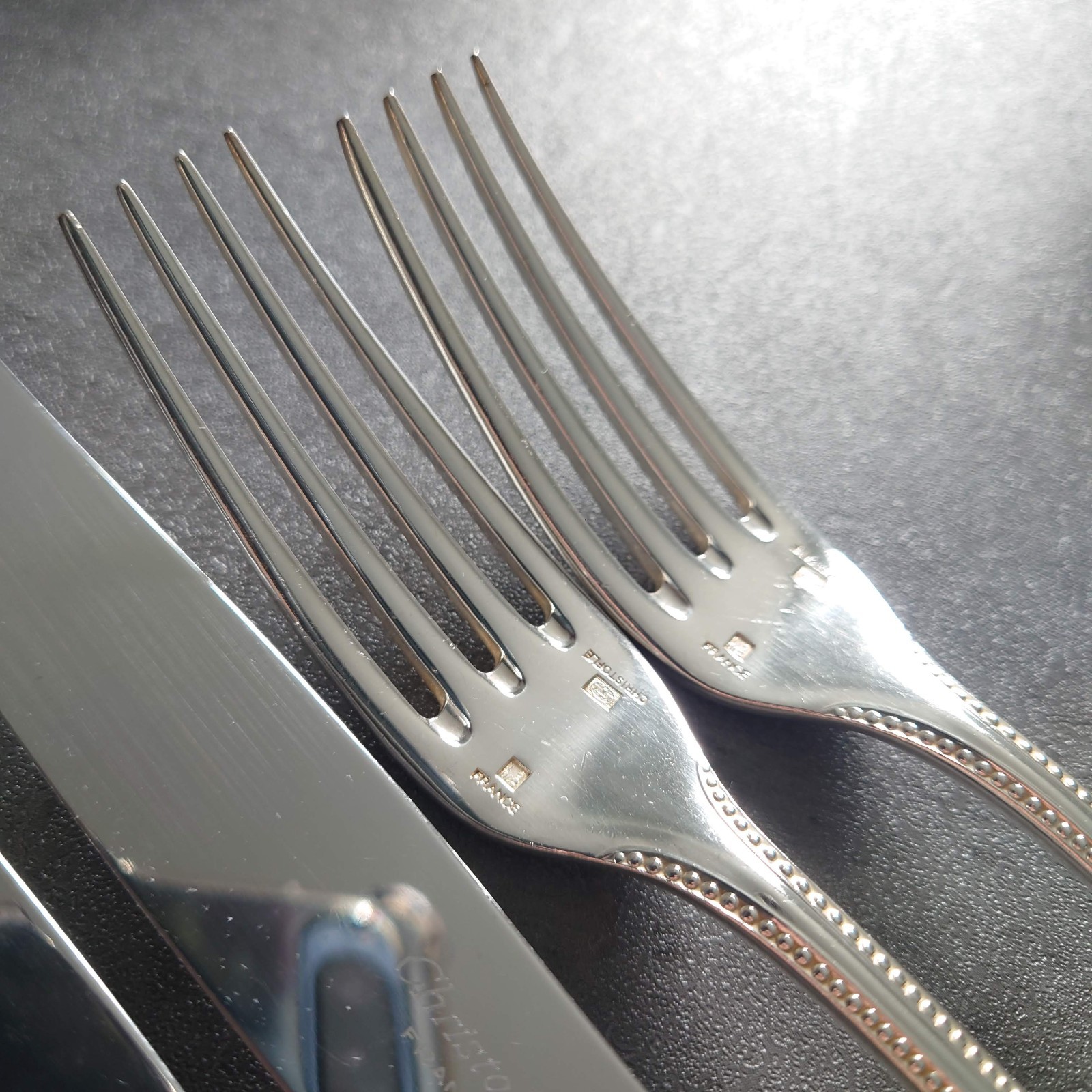 Christofle Perles 10pcs Silverplate Flatware Standard Knife Fork Spoon Very Good