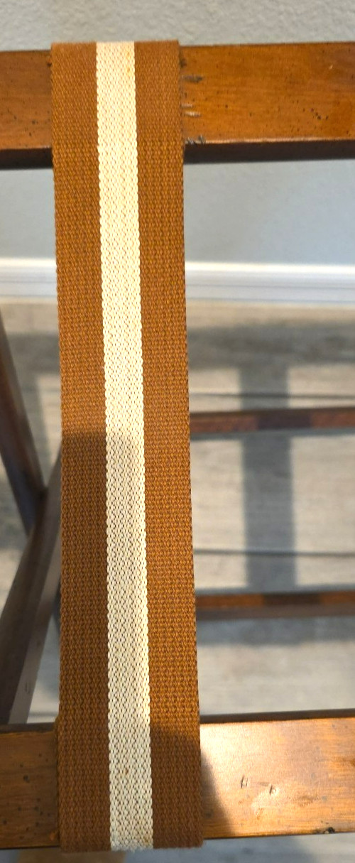 Vtg 1991 BOMBAY Folding Luggage Stand Suitcase Rack Wood Frame Striped Straps