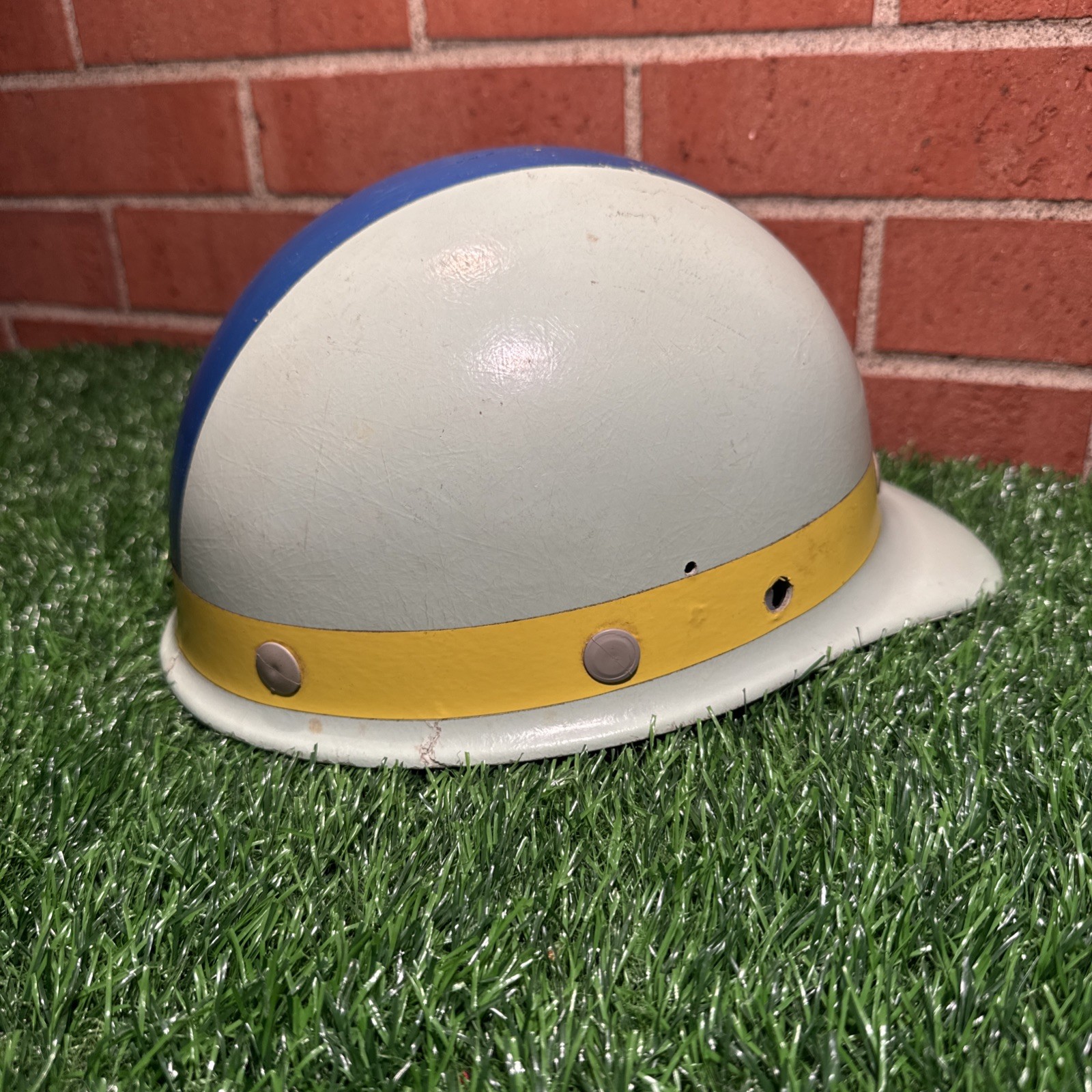 VTG 1969 Super-Glas Hard Hat with Blue and Yellow Stripe Design Kraft Foods?