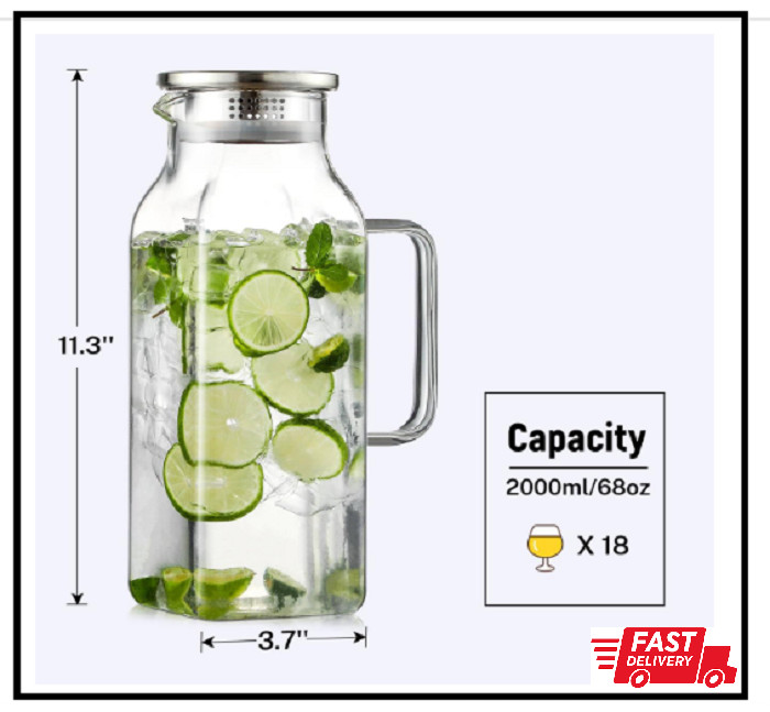 2 Quart (2 Liter 68 oz) Square Glass Pitcher with Lid and Spout, Water Pitchers