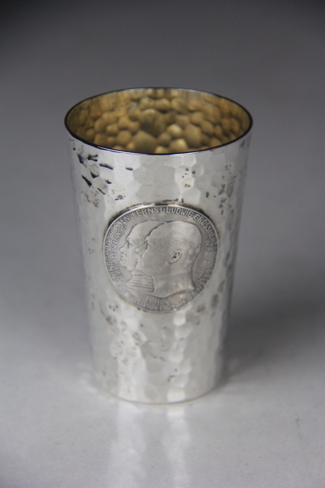 1904 German Hammered 800 Silver Beaker w/Hesse-Darmstadt 5 Mark Coin Attached