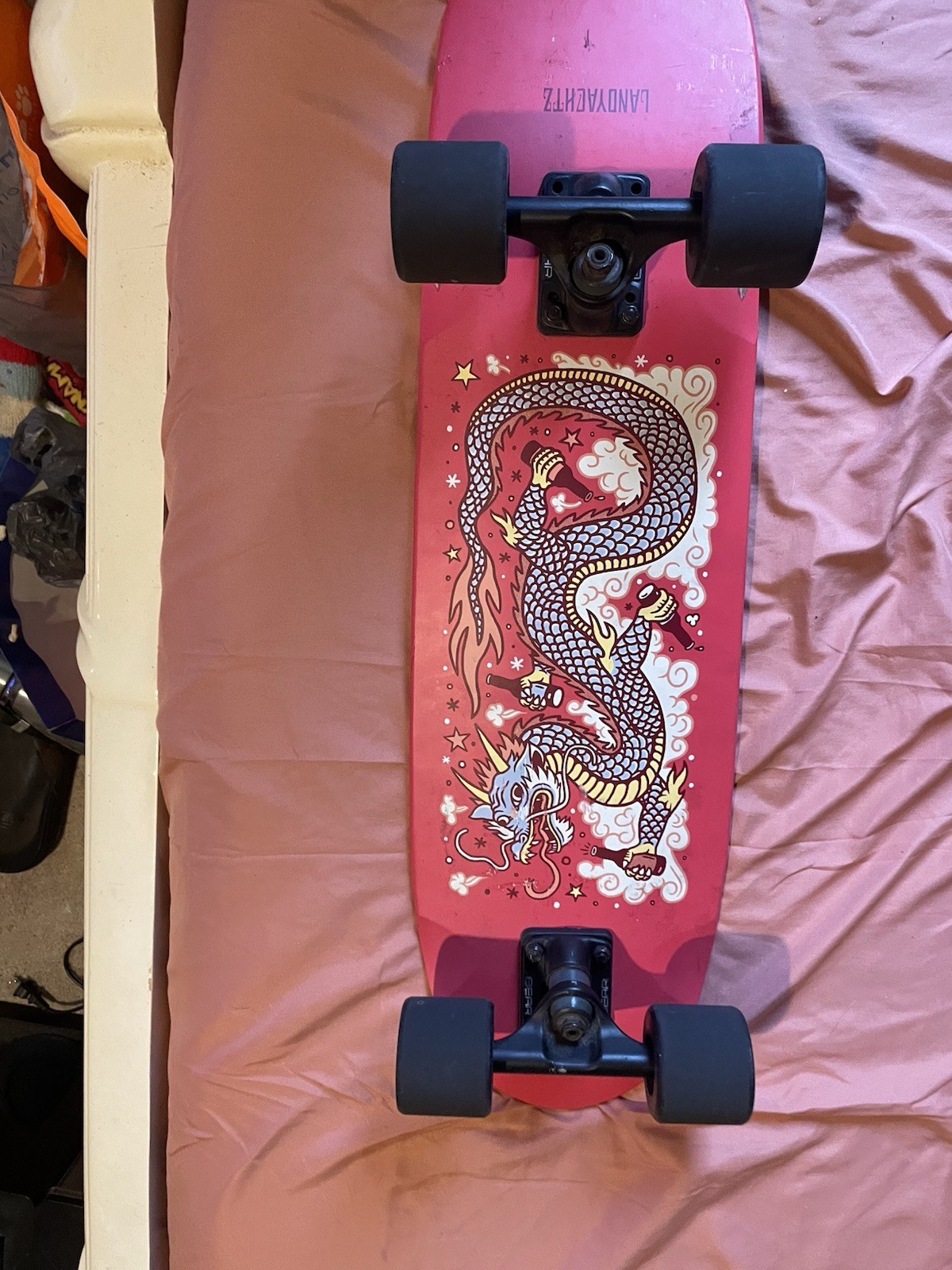 Landyachtz Longboard with Dragon Graphic, Hawgs Wheel Company 63mm 78A Wheels