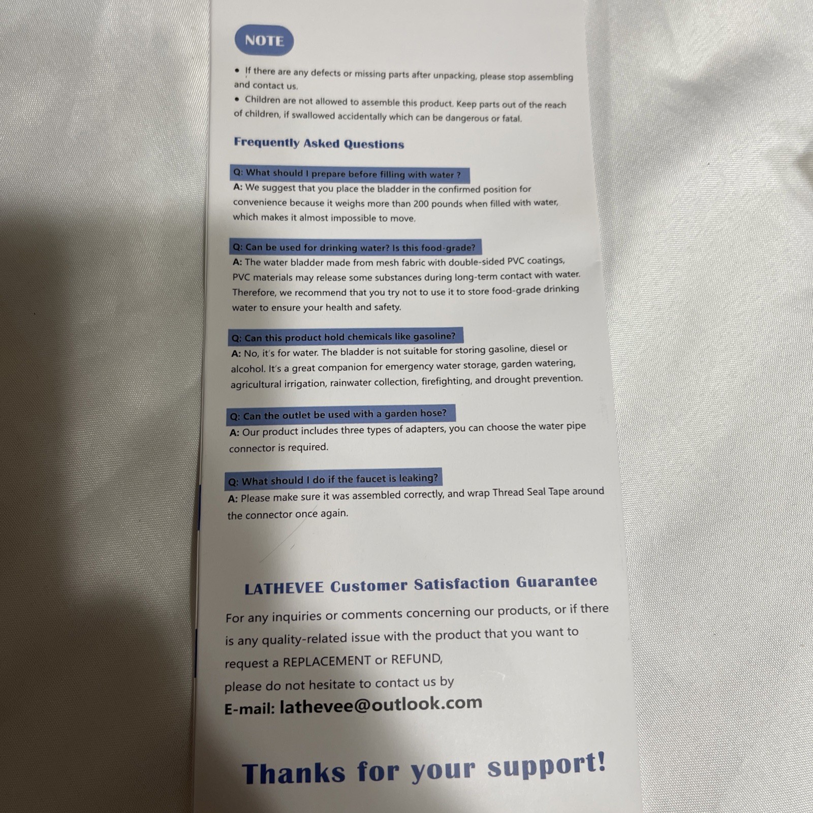 50 Gallon Emergency Water Storage Bladder Bathtub Portable Tank Open Box