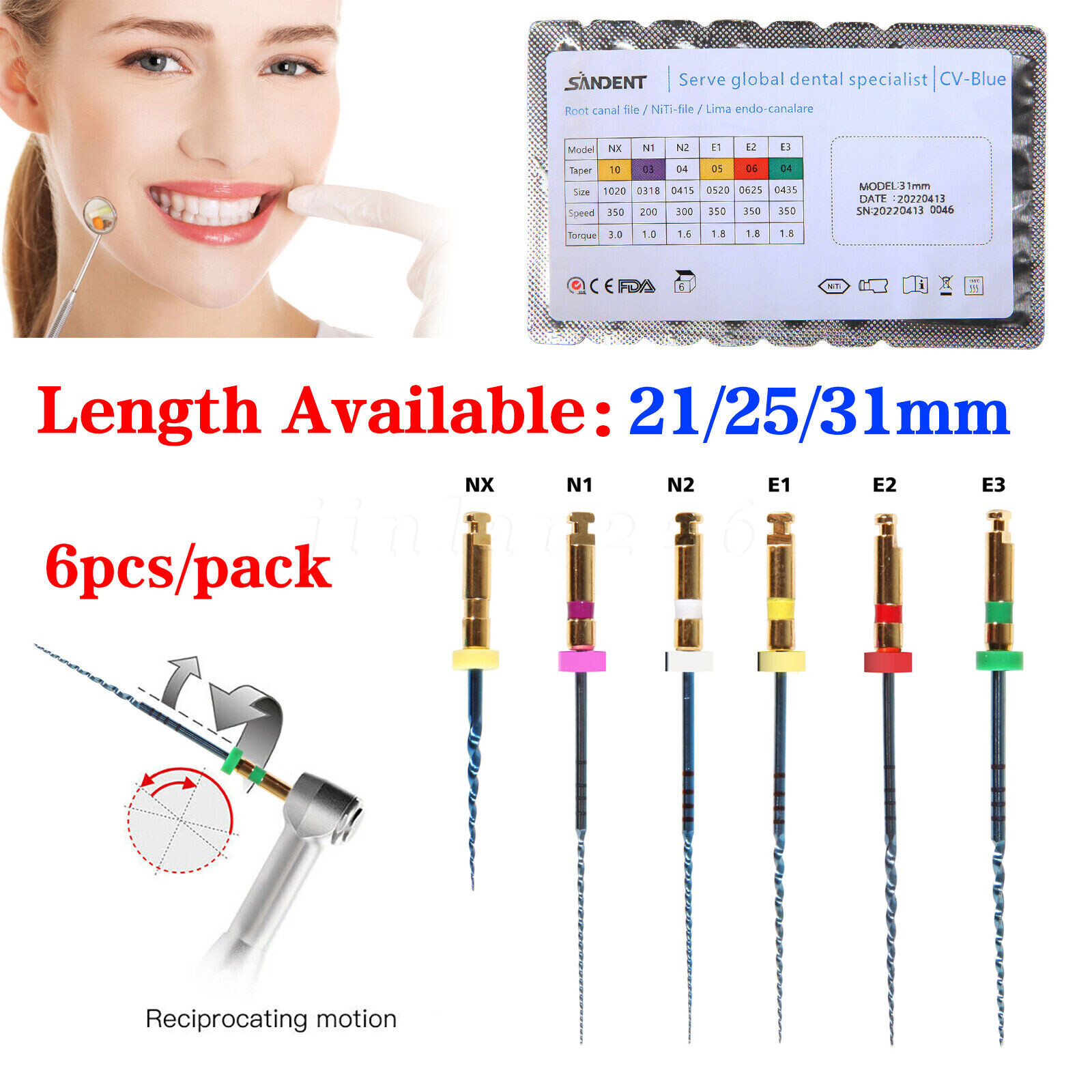 6Pcs SANDENT Dental Endo Files Root Canal Endodontic NITI Rotary File 21/25/31MM